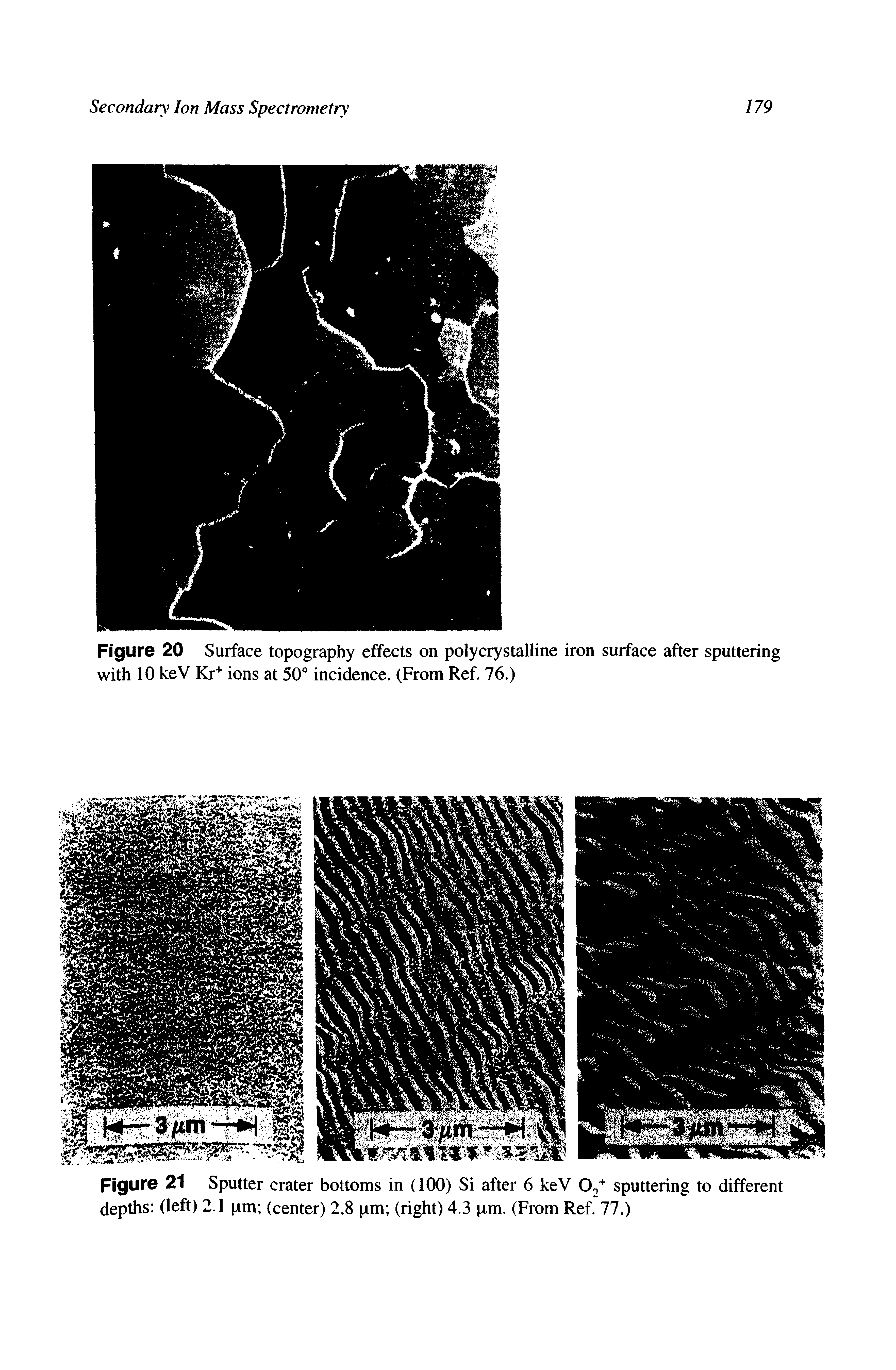 Figure 20 Surface topography effects on polycrystalline iron surface after sputtering with 10 keV Kr+ ions at 50° incidence. (From Ref. 76.)...