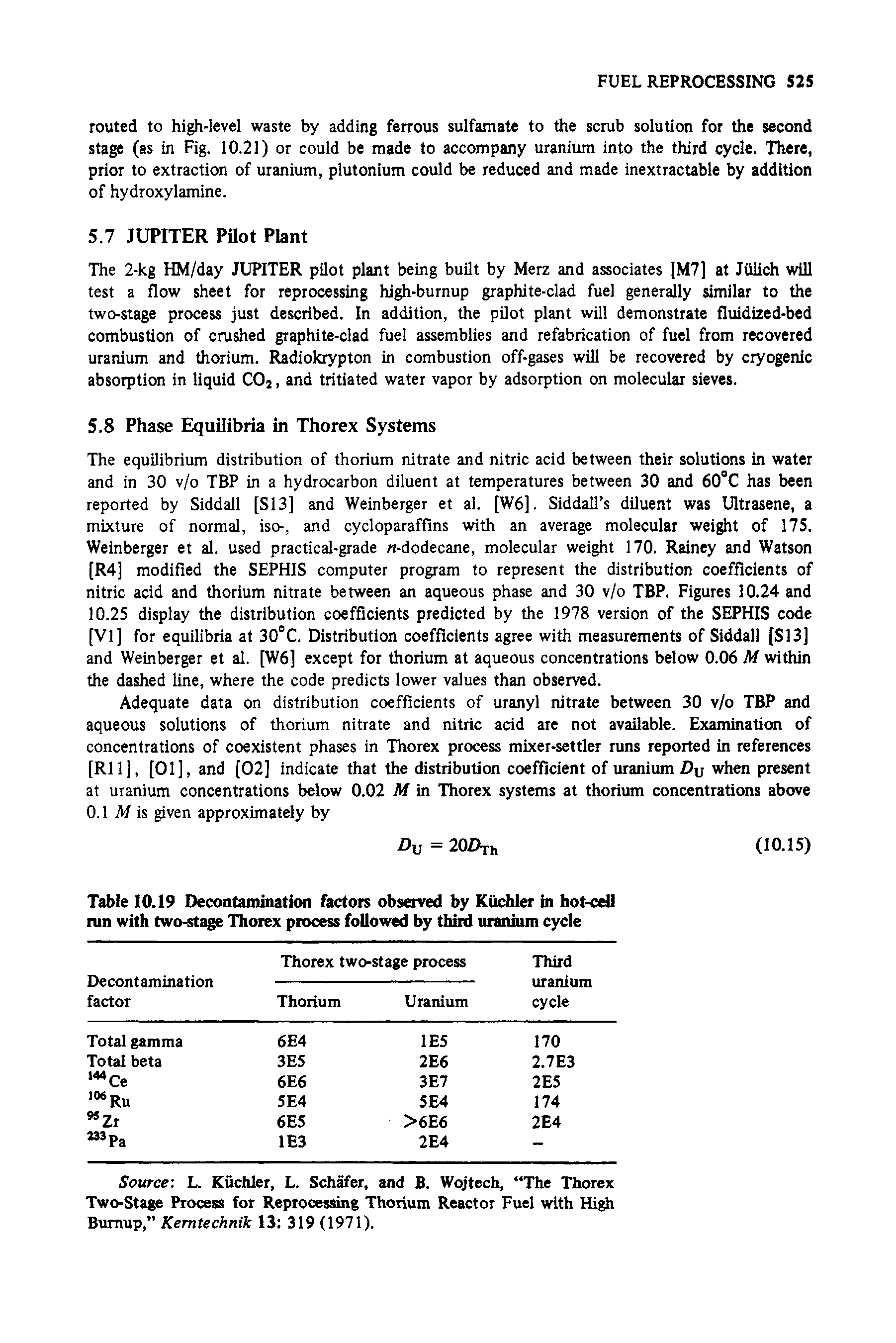 Table 10.19 Decontamination factors observed by Kiichler in hot-cell run with two-stage Thorex process followed by thM uranium cycle...