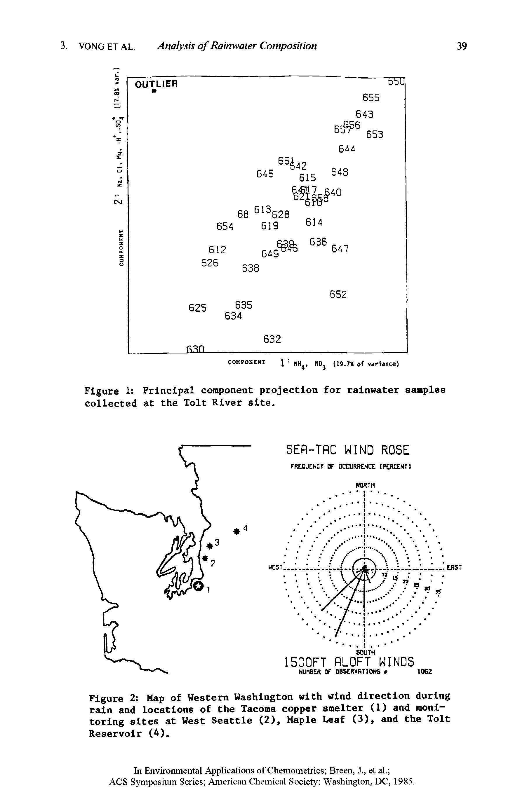 Figure 2 Map of Western Washington with wind direction during rain and locations of the Tacoma copper smelter (1) and monitoring sites at West Seattle (2), Maple Leaf (3), and the Tolt Reservoir (4).