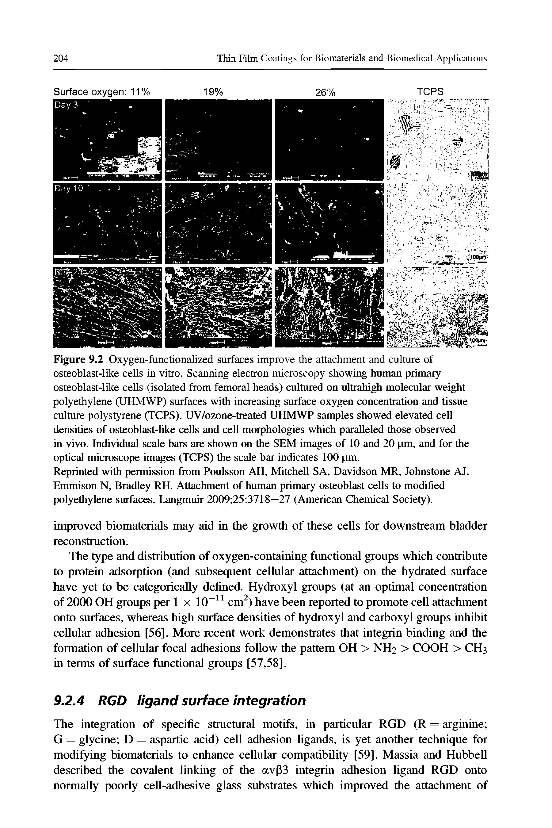 Figure 9.2 Oxygen-functionalized surfaces improve the attachment and culture of osteoblast-like cells in vitro. Scanning electron microscopy showing human primary osteoblast-like cells (isolated from femoral heads) cultured on ultrahigh molecular weight polyethylene (UHMWP) surfaces with increasing surface oxygen concentration and tissue culture polystyrene (TCPS). UV/ozone-treated UHMWP samples showed elevated cell densities of osteoblast-Mke cells and cell morphologies which paralleled those observed in vivo. Individual scale bars are shown on the SEM images of 10 and 20 pm, and for the optical microscope images (TCPS) the scale bar indicates 100 pm.