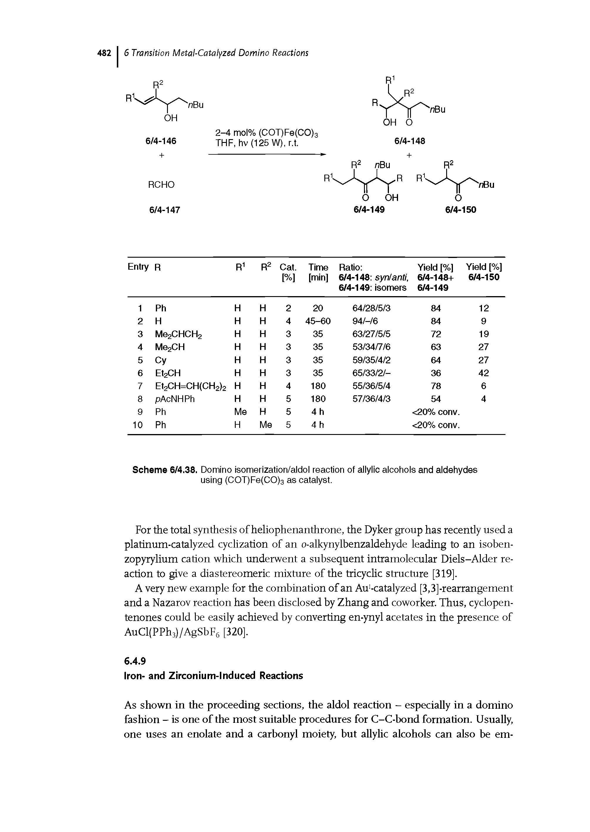 Scheme 6/4.38. Domino isomerization/aldol reaction of allylic alcohols and aldehydes using (COT)Fe(CO)3 as catalyst.