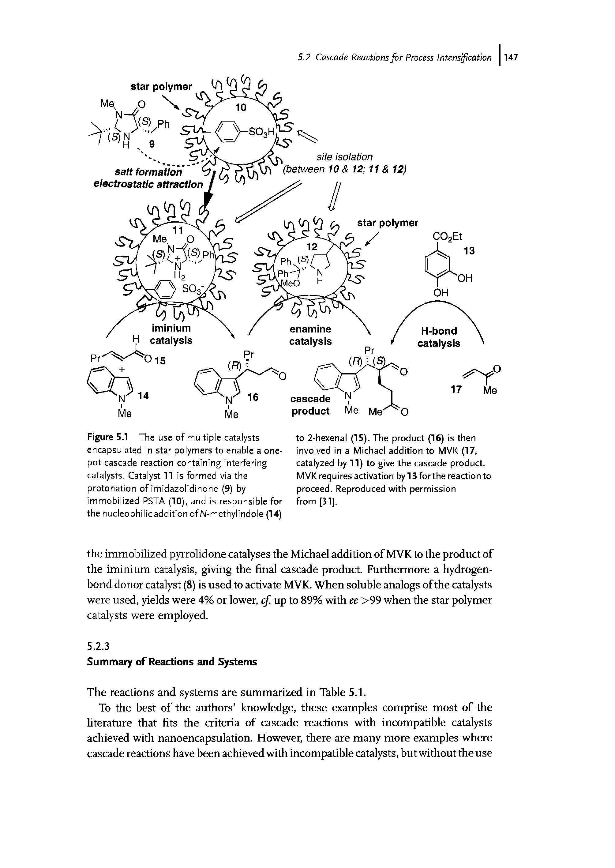 Figure 5.1 The use of multiple catalysts encapsulated in star polymers to enable a one-pot cascade reaction containing interfering catalysts. Catalyst 11 is formed via the protonation of imidazolidinone (9) by immobilized PSTA (10), and is responsible for the nucleophilicaddition ofN-methylindole (14)...