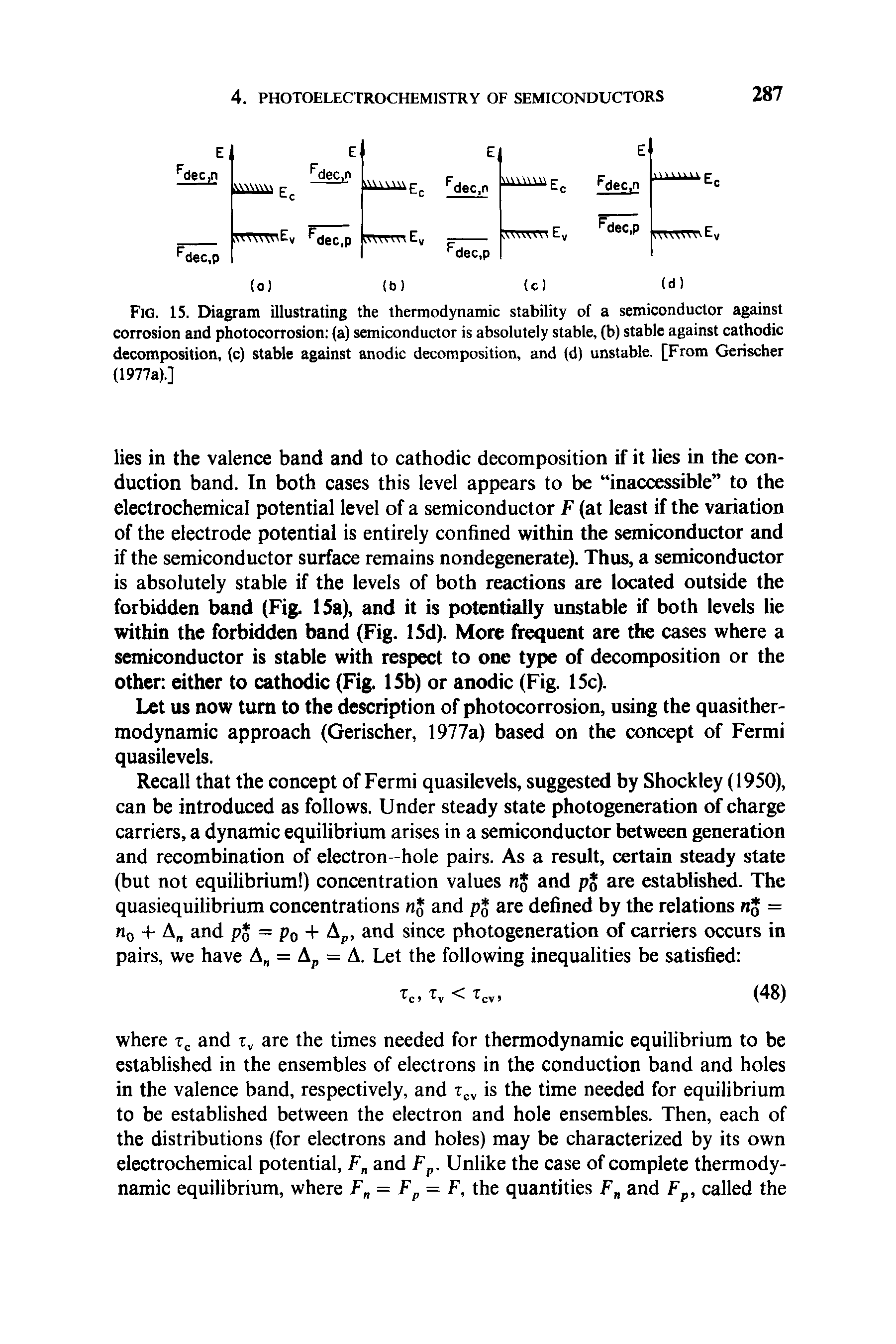 Fig. 15. Diagram illustrating the thermodynamic stability of a semiconductor against corrosion and photocorrosion (a) semiconductor is absolutely stable, (b) stable against cathodic decomposition, (c) stable against anodic decomposition, and (d) unstable. [From Gerischer (1977a).]...