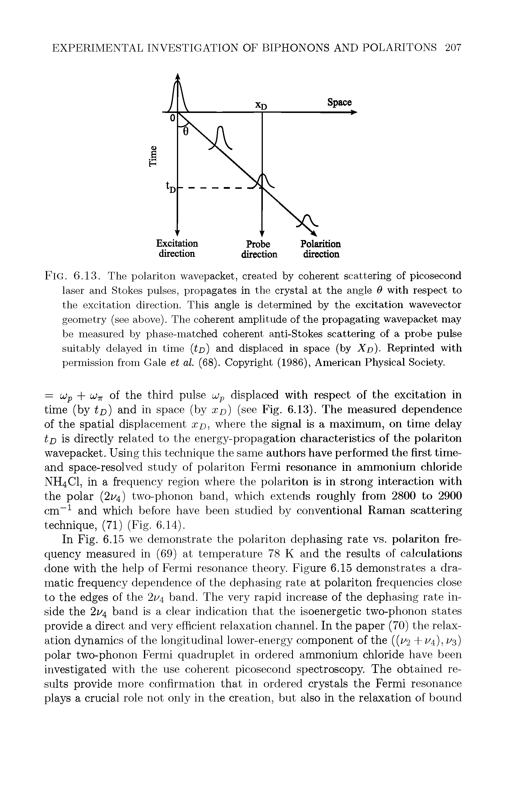 Fig. 6.13. The polariton wavepacket, created by coherent scattering of picosecond laser and Stokes pulses, propagates in the crystal at the angle 0 with respect to the excitation direction. This angle is determined by the excitation wavevector geometry (see above). The coherent amplitude of the propagating wavepacket may be measured by phase-matched coherent anti-Stokes scattering of a probe pulse suitably delayed in time (fn) and displaced in space (by Xn)- Reprinted with permission from Gale et al. (68). Copyright (1986), American Physical Society.