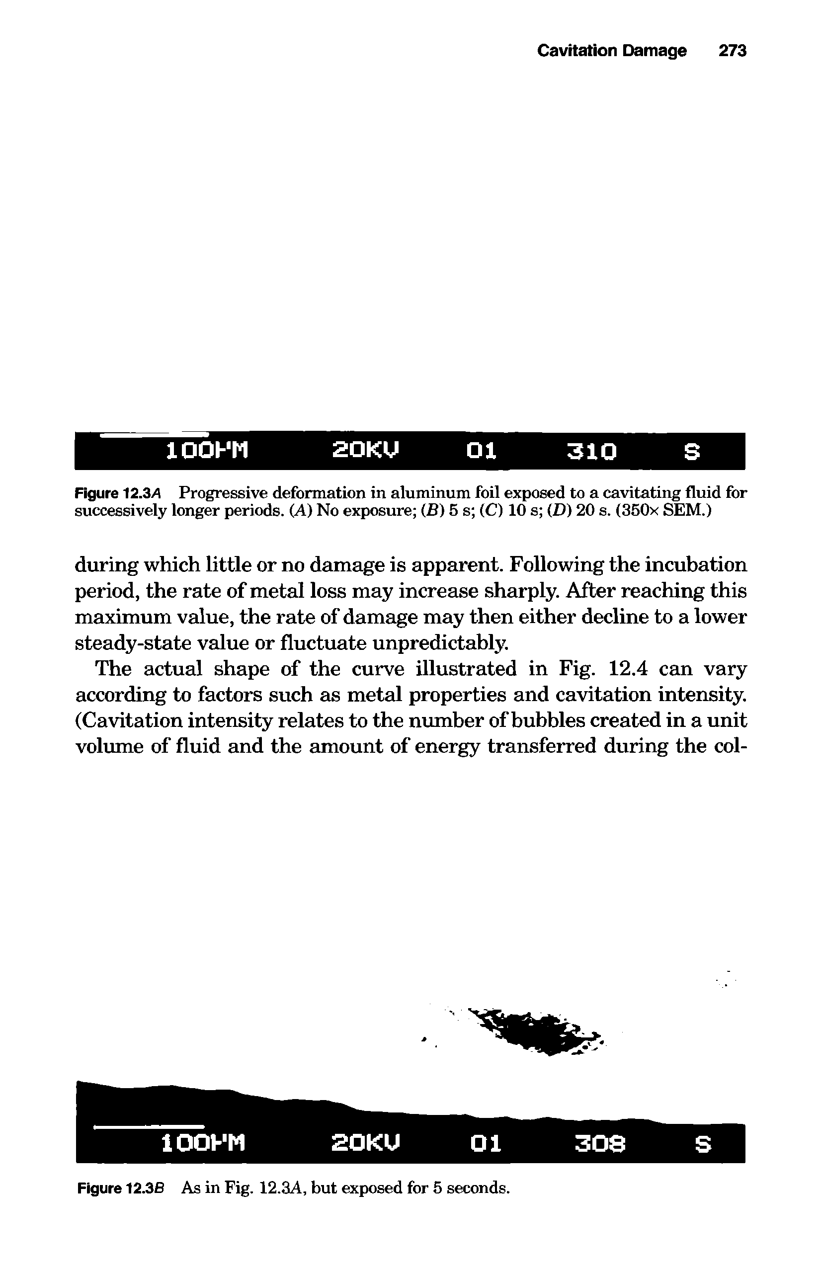 Figure 12.3A Progressive deformation in aluminum foil exposed to a cavitating fluid for successively longer periods. (A) No exposure (B) 5 s (C) 10 s (D) 20 s. (350x SEM.)...