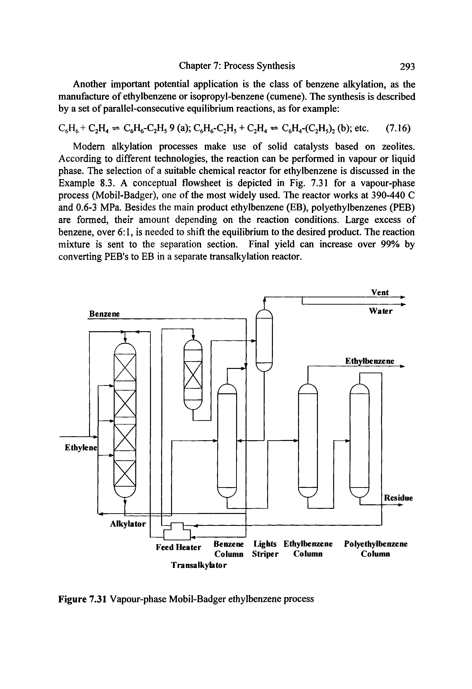 Figure 7.31 Vapour-phase Mobil-Badger ethylbenzene process...
