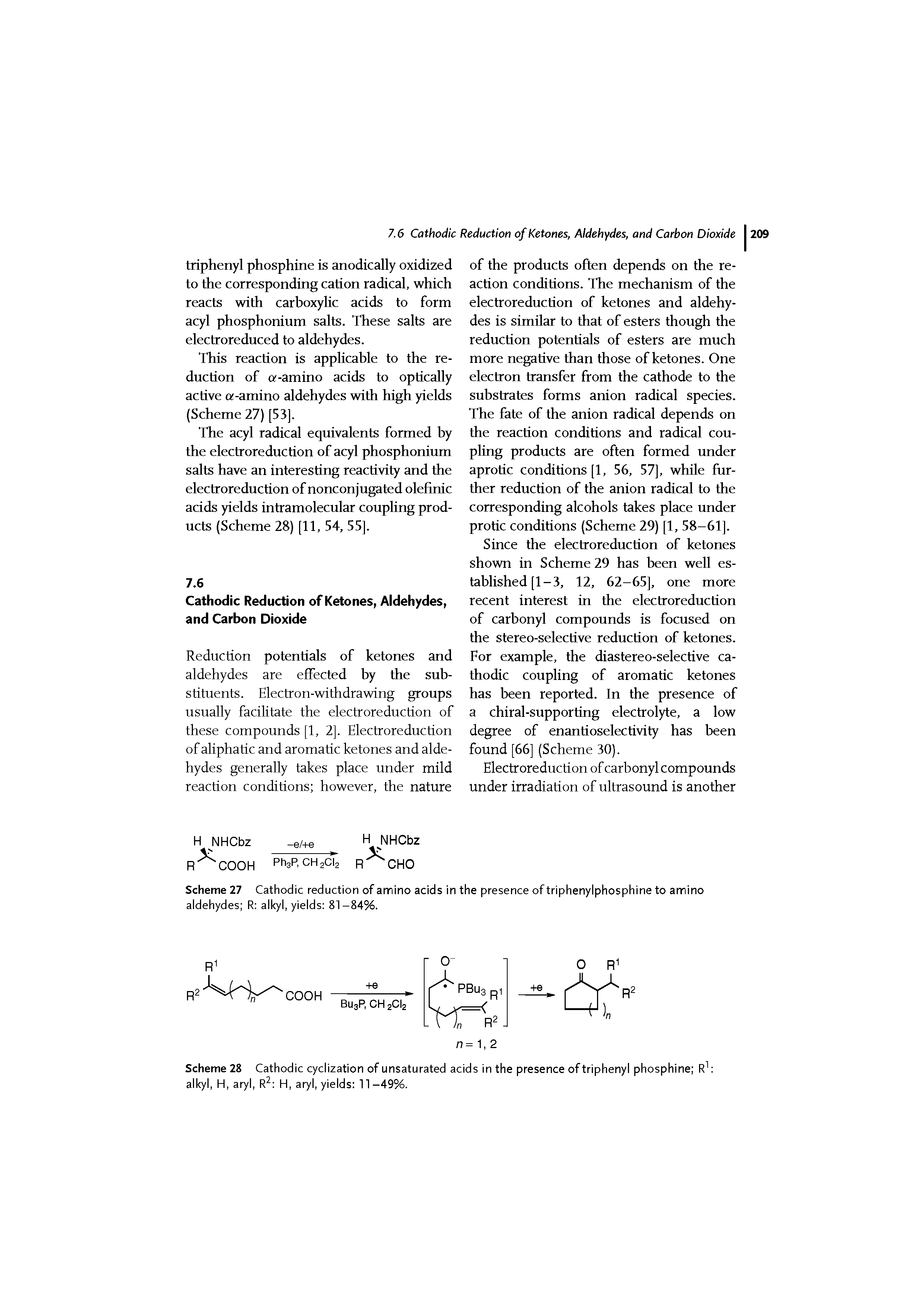 Scheme 28 Cathodic cyclization of unsaturated acids in the presence of triphenyl phosphine alkyl, H, aryl, R H, aryl, yields 11 -49%.