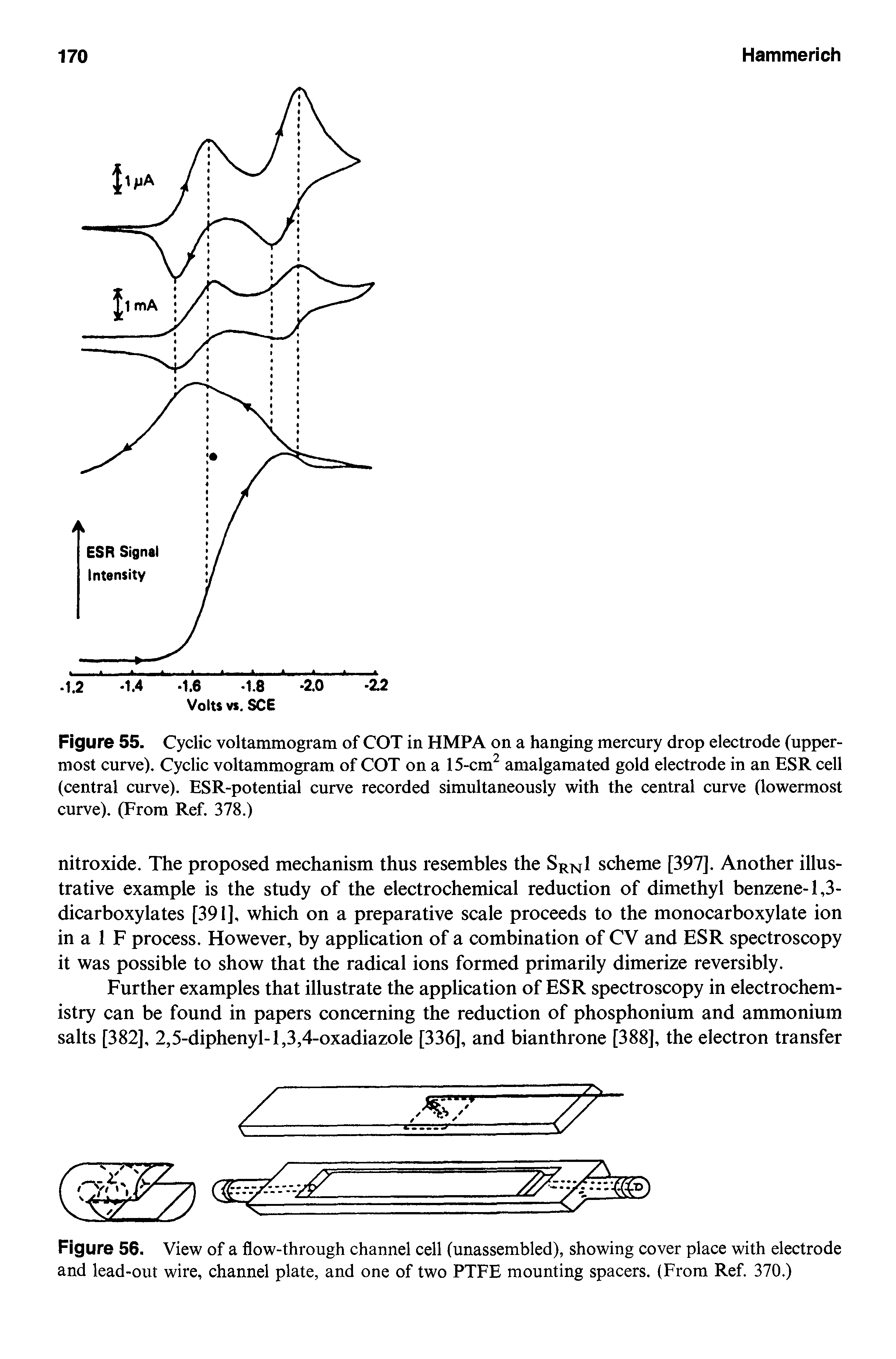 Figure 56. View of a flow-through channel cell (unassembled), showing cover place with electrode and lead-out wire, channel plate, and one of two PTFE mounting spacers. (From Ref. 370.)...