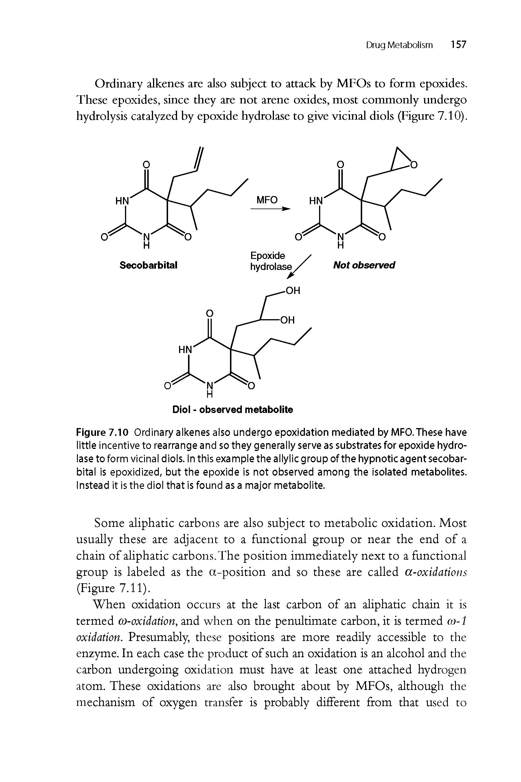 Figure 7.10 Ordinary alkenes also undergo epoxidation mediated by MFO.These have little incentive to rearrange and so they generally serve as substrates for epoxide hydrolase to form vicinal diols. In this example the allylic group of the hypnotic agent secobarbital is epoxidized, but the epoxide is not observed among the isolated metabolites. Instead it is the diol that is found as a major metabolite.