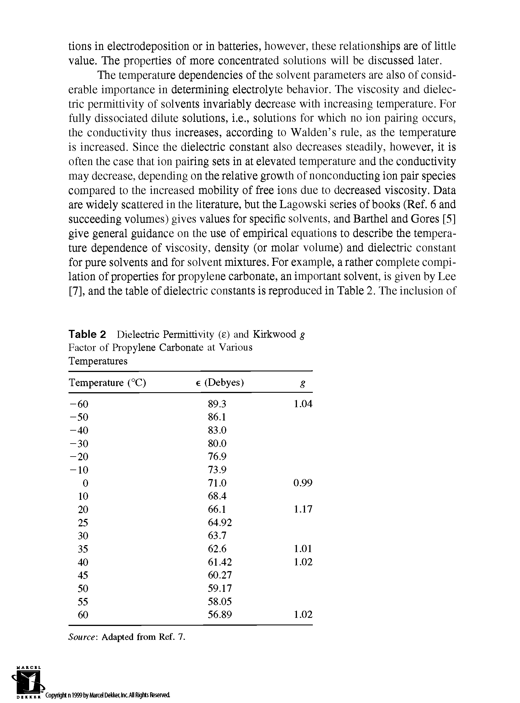 Table 2 Dielectric Permittivity (e) and Kirkwood g Factor of Propylene Carbonate at Various Temperatures...