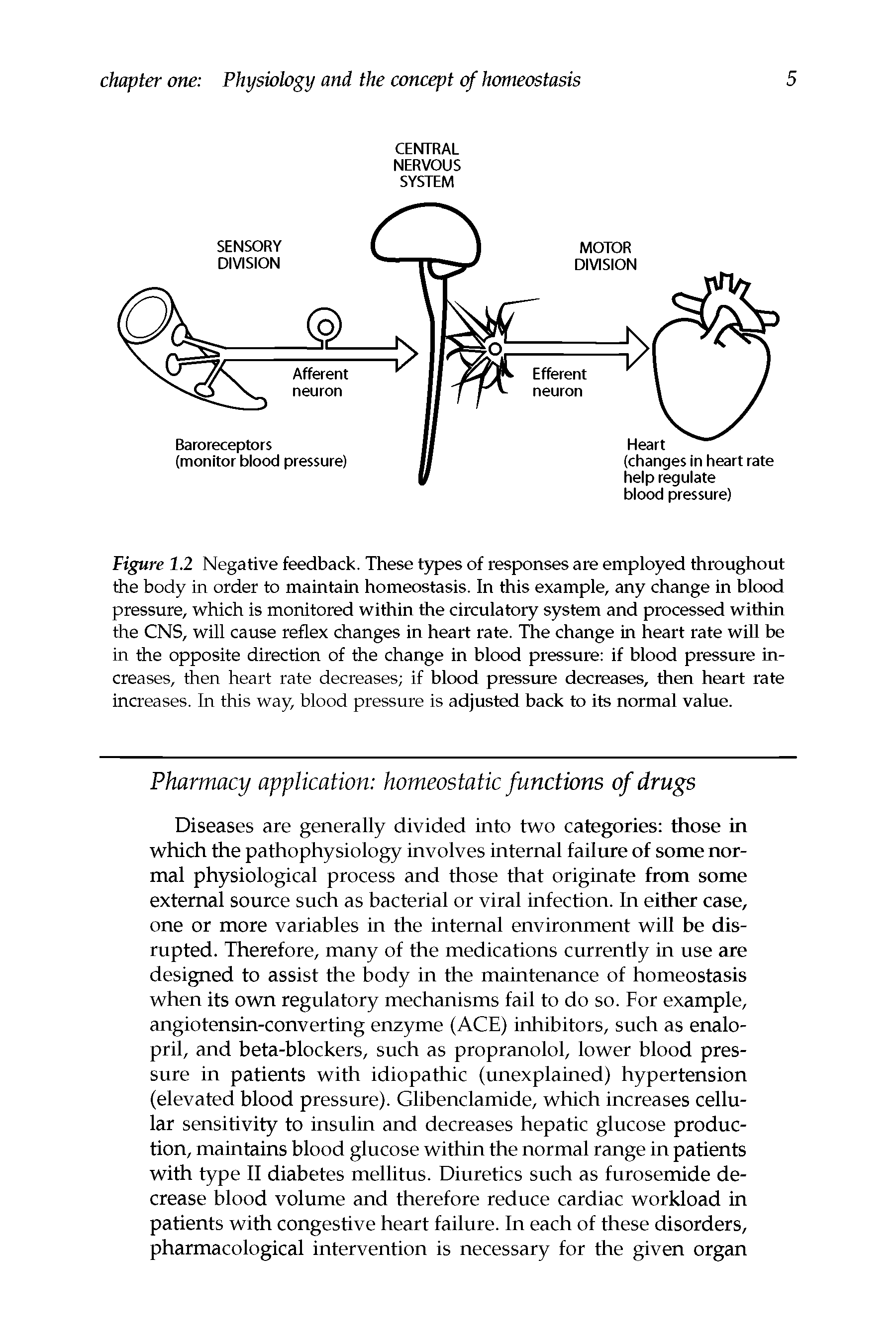 Figure 1.2 Negative feedback. These types of responses are employed throughout the body in order to maintain homeostasis. In this example, any change in blood pressure, which is monitored within the circulatory system and processed within the CNS, will cause reflex changes in heart rate. The change in heart rate will be in the opposite direction of the change in blood pressure if blood pressure increases, then heart rate decreases if blood pressure decreases, then heart rate increases. In this way, blood pressure is adjusted back to its normal value.