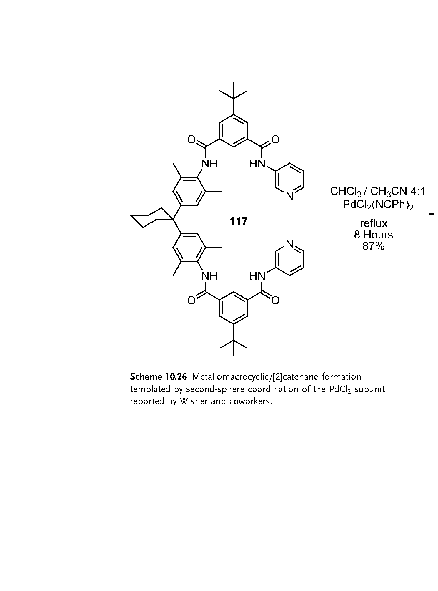 Scheme 10.26 Metallomacrocyclic/[2]catenane formation templated by second-sphere coordination of the PdCI2 subunit reported by Wisner and coworkers.