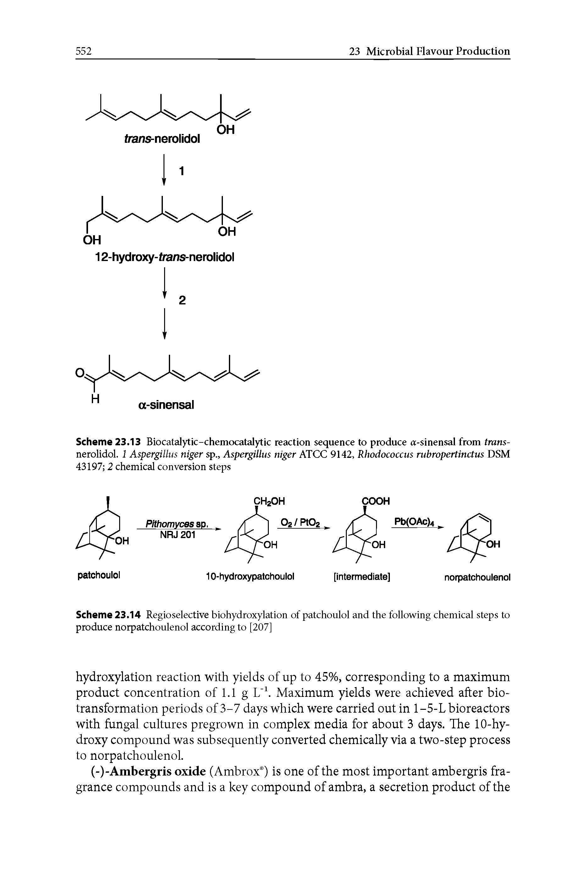 Scheme 23.14 Regioselective biohydroxylation of patchoulol and the following chemical steps to produce norpatchoulenol according to [207]...