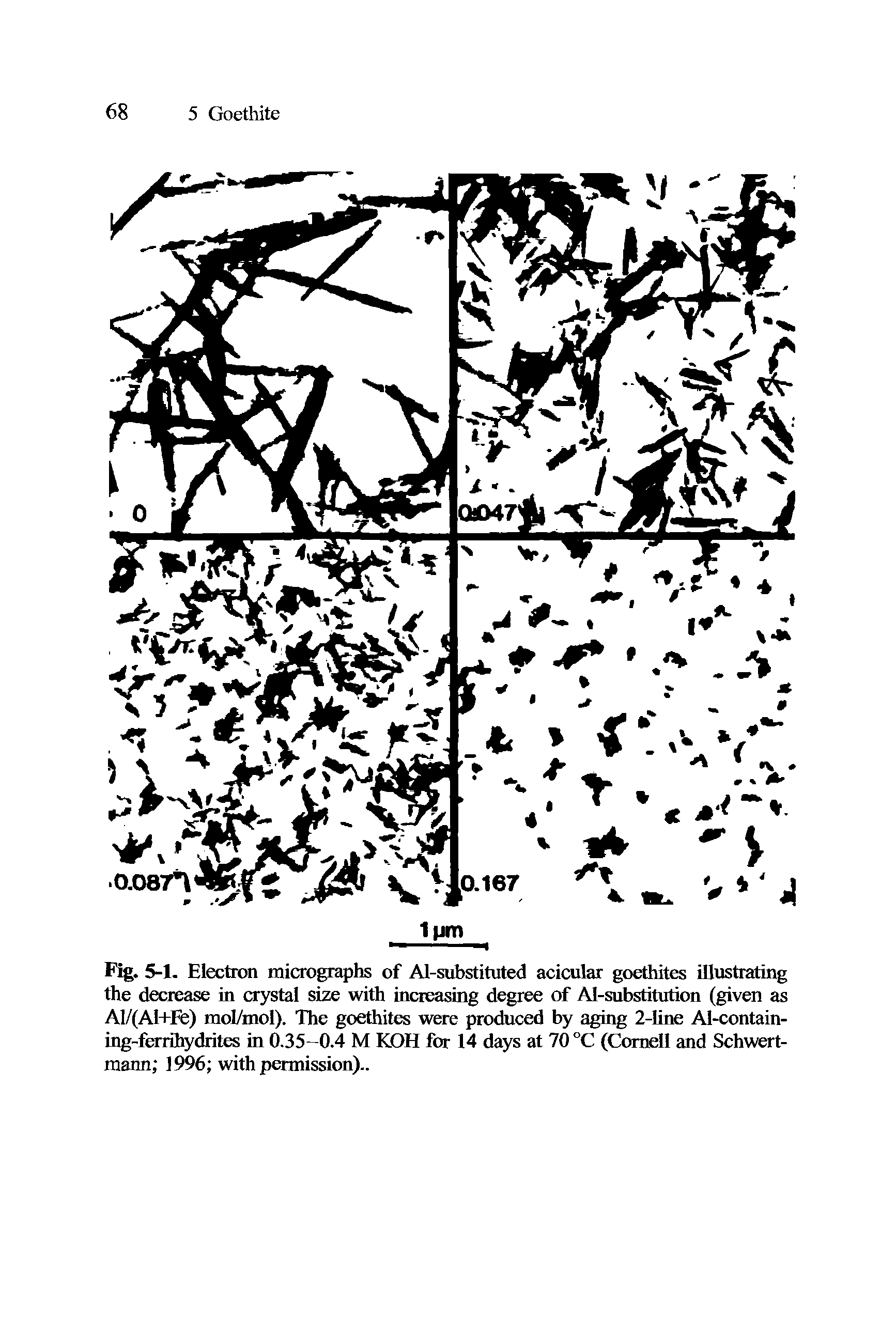 Fig. 5-1. Electron micrographs of Al-substituted acicular goethites illustrating the decrease in crystal size with increasing degree of Al-substitution (given as Al/(AI+Fe) moEmoI). The goethites were produced by aging 2-Iine Al-contain-ing-ferrihydrites in 0.35-0.4 M KOH for 14 days at 70 °C (Cornell and Schwert-marm 1996 with permission)..