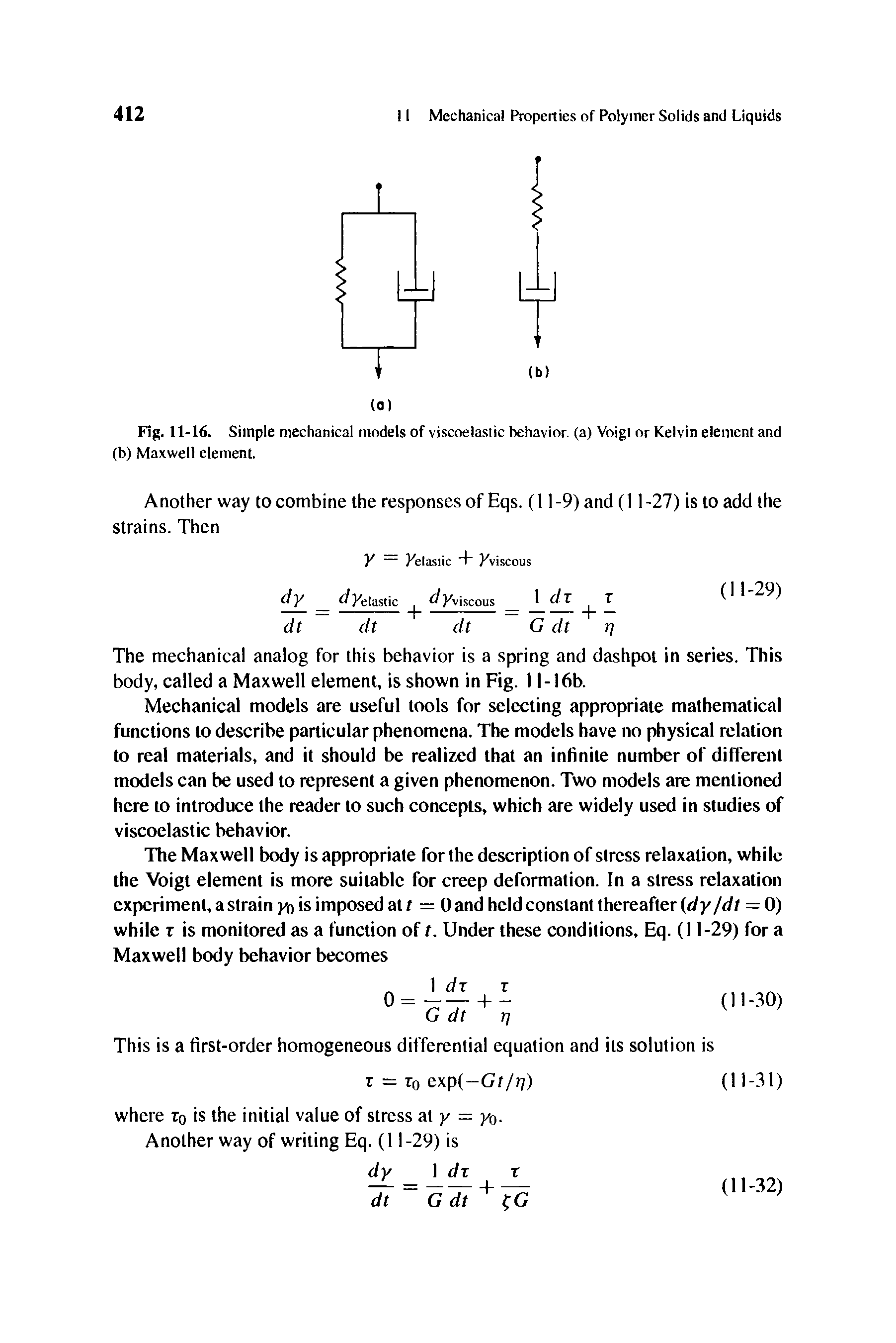 Fig. 11-16. Simple mechanical models of viscoelastic behavior, (a) Voigt or Kelvin element and (b) Maxwell element.