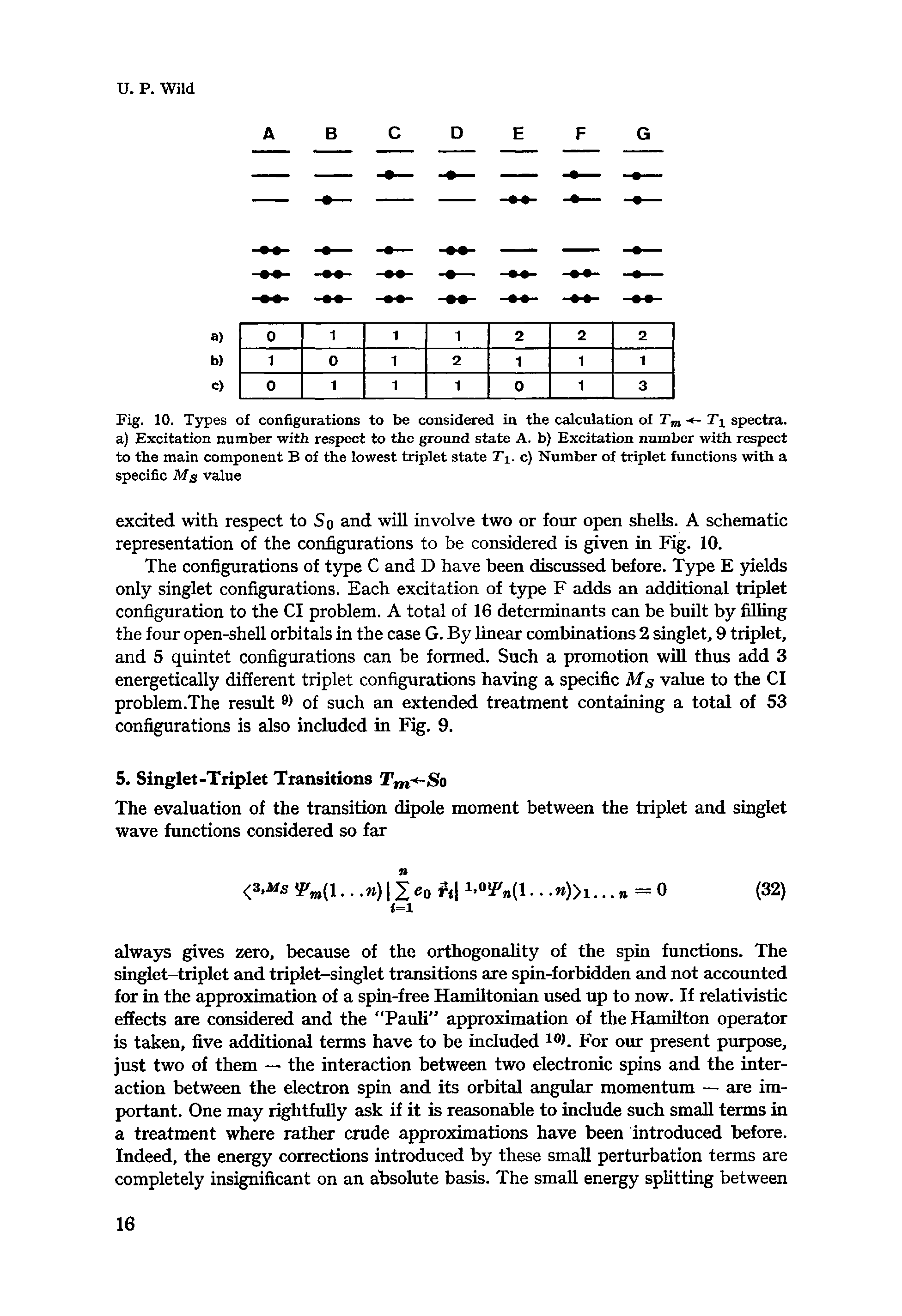 Fig. 10. Types of configurations to be considered in the calculation of Tm - T spectra, a) Excitation number with respect to the ground state A. b) Excitation number with respect to the main component B of the lowest triplet state Ti. c) Number of triplet functions with a specific Ms value...