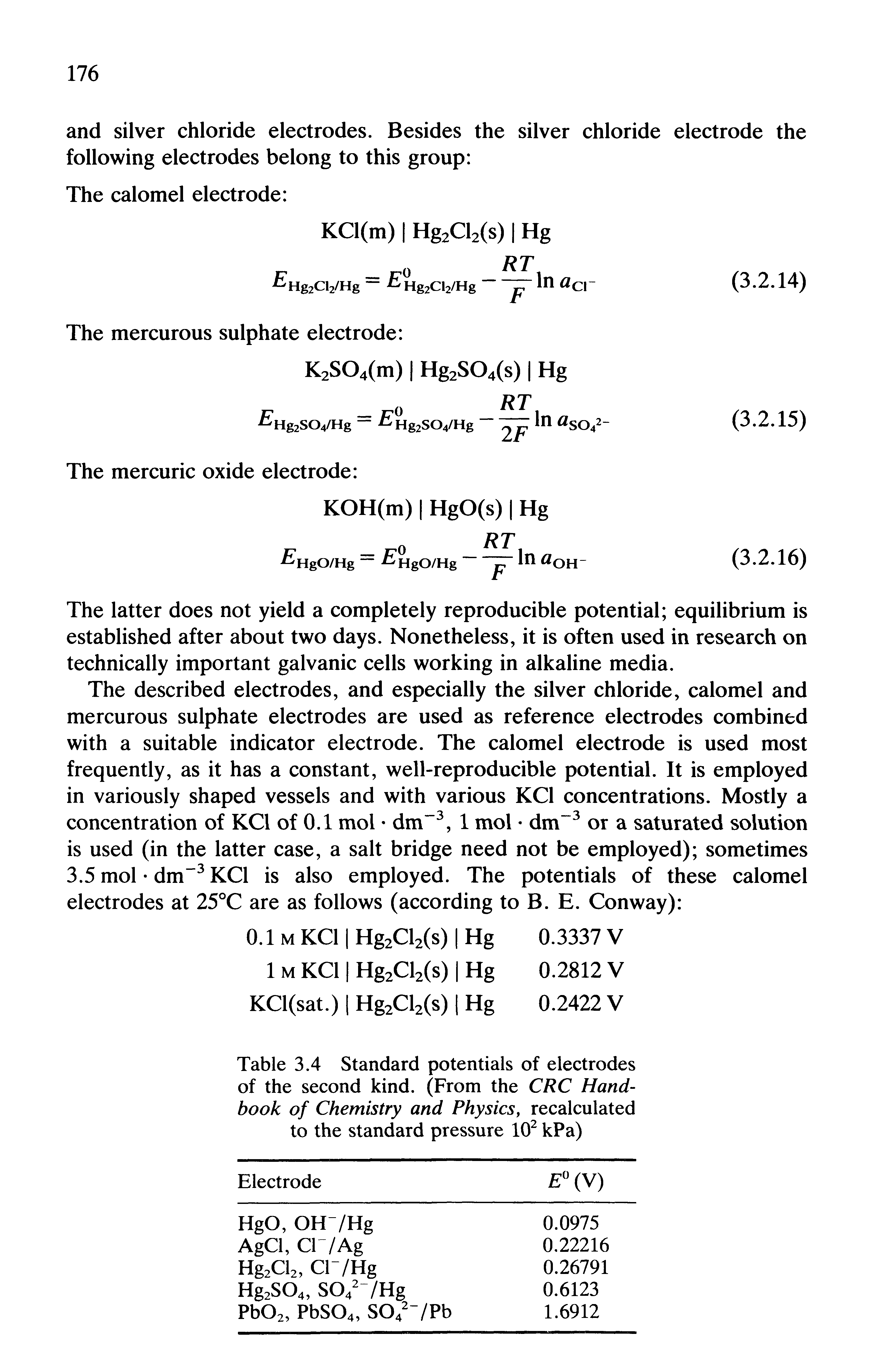 Table 3.4 Standard potentials of electrodes of the second kind. (From the CRC Handbook of Chemistry and Physics, recalculated to the standard pressure 102 kPa)...