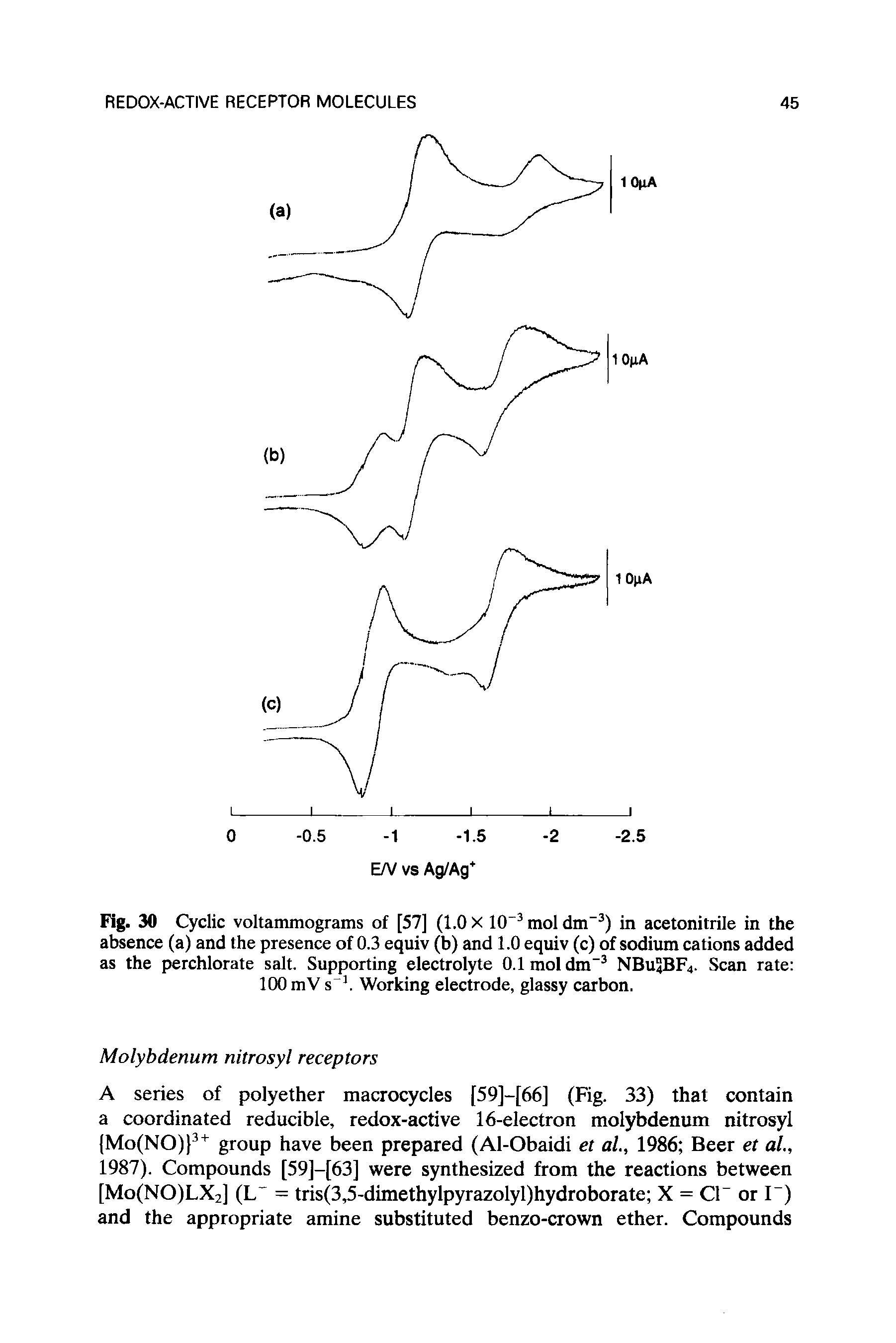 Fig. 30 Cyclic voltammograms of [57] (1.0 X 10 3 mol dm-3) in acetonitrile in the absence (a) and the presence of 0.3 equiv (b) and 1.0 equiv (c) of sodium cations added as the perchlorate salt. Supporting electrolyte 0.1 mol dm-3 NBU4BF4. Scan rate 100 mV s Working electrode, glassy carbon.