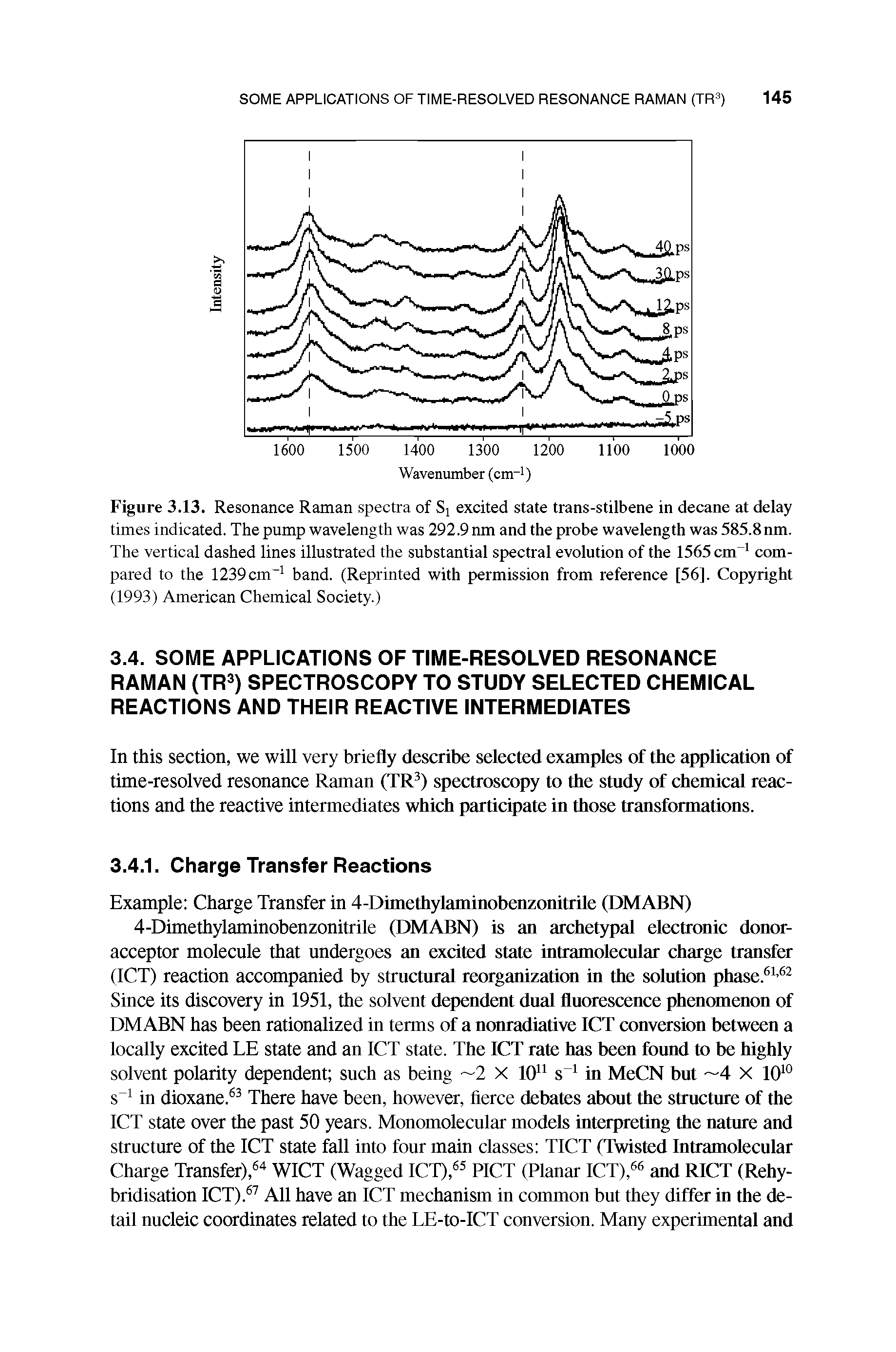 Figure 3.13. Resonance Raman spectra of Sj excited state trans-stilbene in decane at delay times indicated. The pump wavelength was 292.9 nm and the probe wavelength was 585.8nm. The vertical dashed lines illustrated the substantial spectral evolution of the 1565 cm compared to the 1239cm band. (Reprinted with permission from reference [56]. Copyright (1993) American Chemical Society.)...