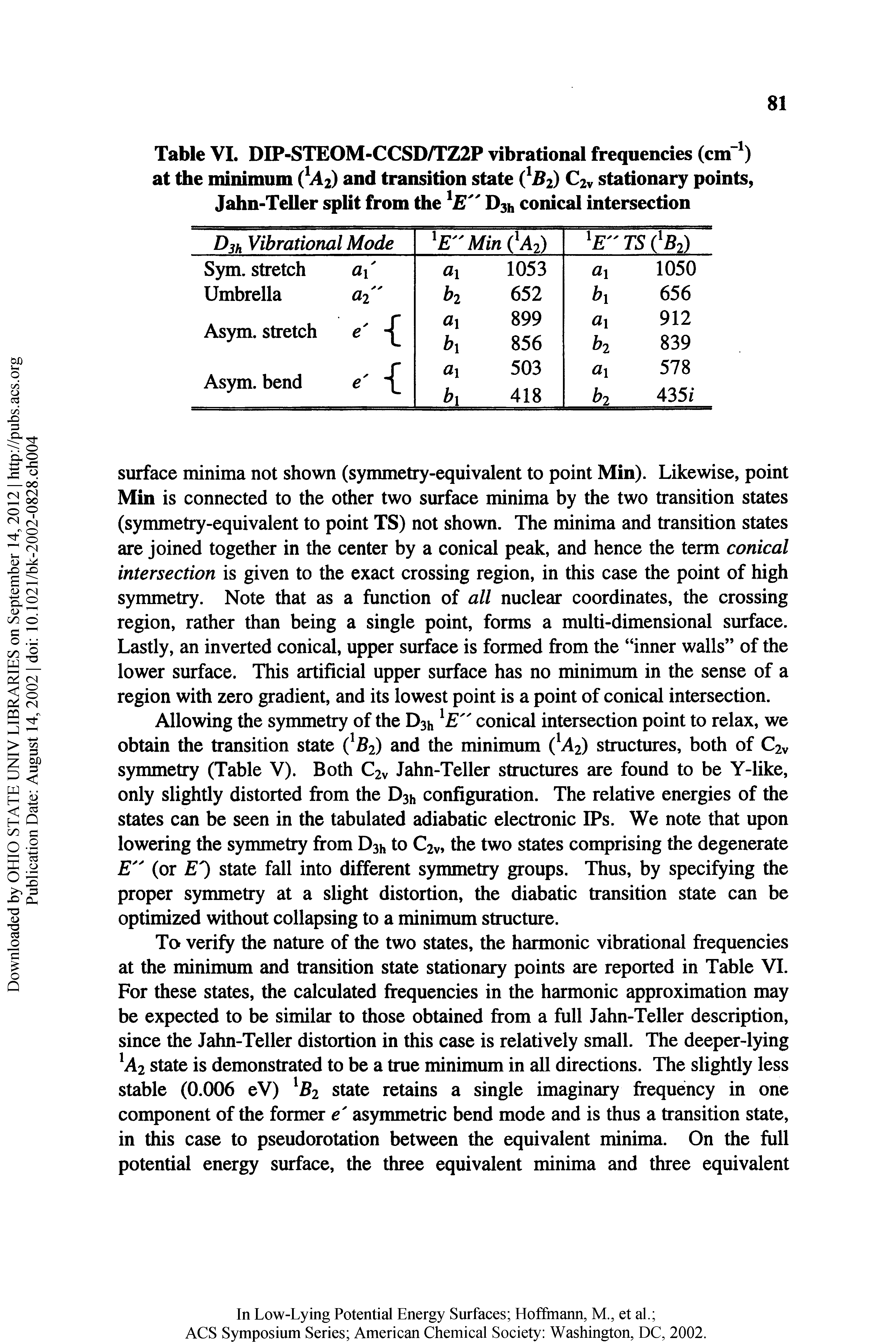 Table VI. DIP-STEOM-CCSD/TZ2P vibrational frequencies (cm" ) at the minimum ( 2) and transition state ( 2) stationary points, Jahn-Teller split from the D311 conical intersection...