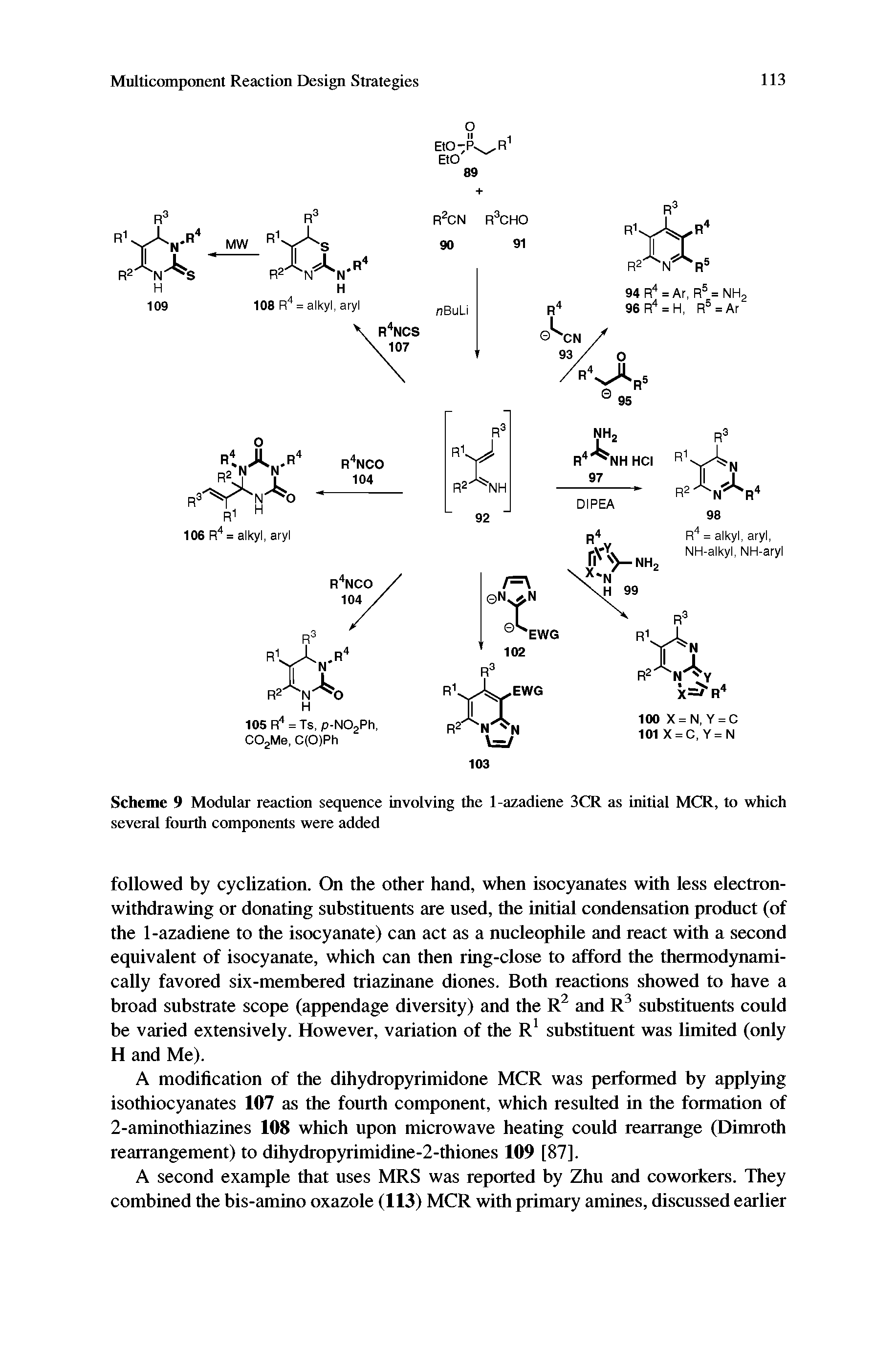 Scheme 9 Modular reaction sequence involving the 1-azadiene SCR as initial MCR, to which several fourth components were added...