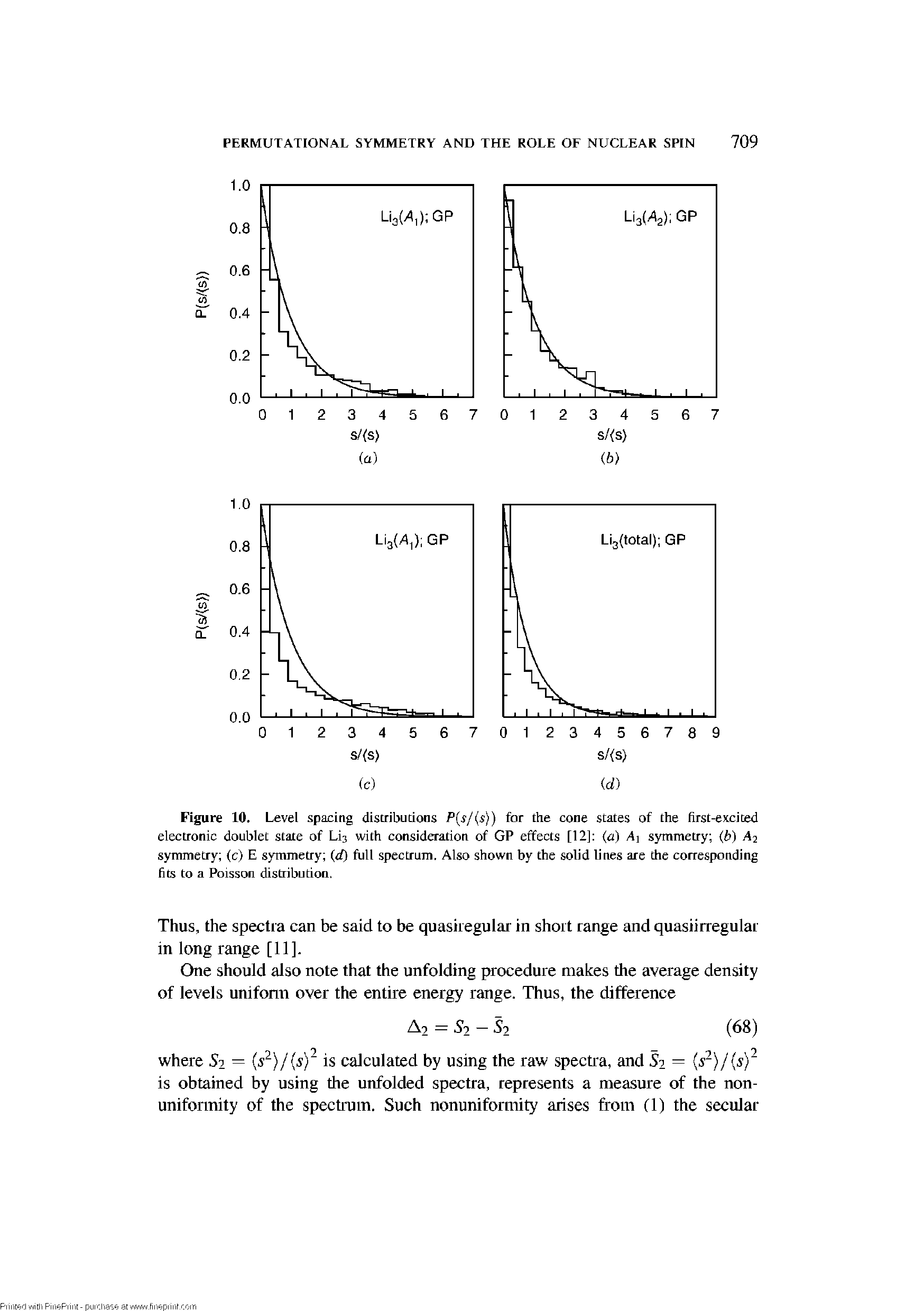 Figure 10. Level spaeitig distributions P s/ s)) for the cone states of the first-excited electronic doublet state of Li3 with consideration of GP effects [12] (a) Ai symmetry (b) A2 symmetry (c) E symmetry (d) full spectrum. Also shown by the solid lines are the corresponding fits to a Poisson distribution.