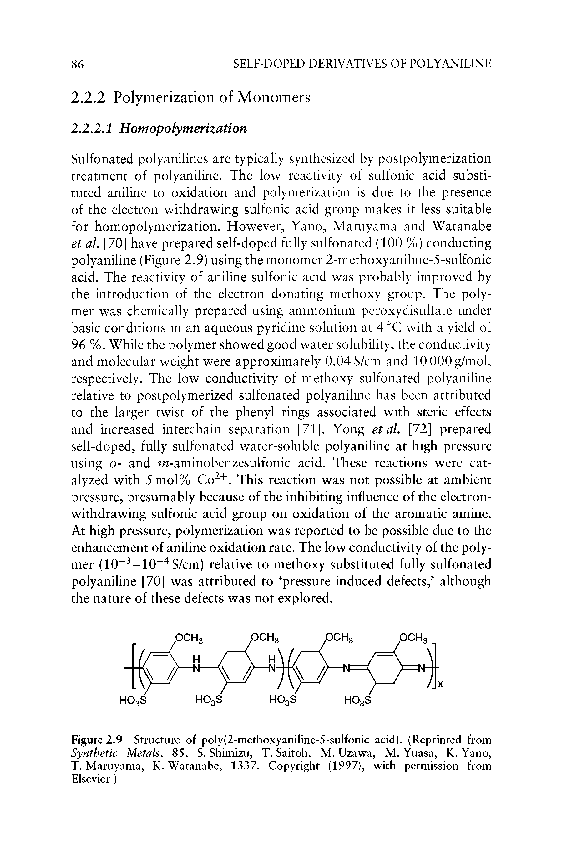 Figure 2.9 Structure of poly(2-methoxyaniline-5-sulfonic acid). (Reprinted from Synthetic Metals, 85, S. Shimizu, T. Saitoh, M. Uzawa, M. Yuasa, K. Yano, T. Maruyama, K. Watanabe, 1337. Copyright (1997), with permission from Elsevier.)...