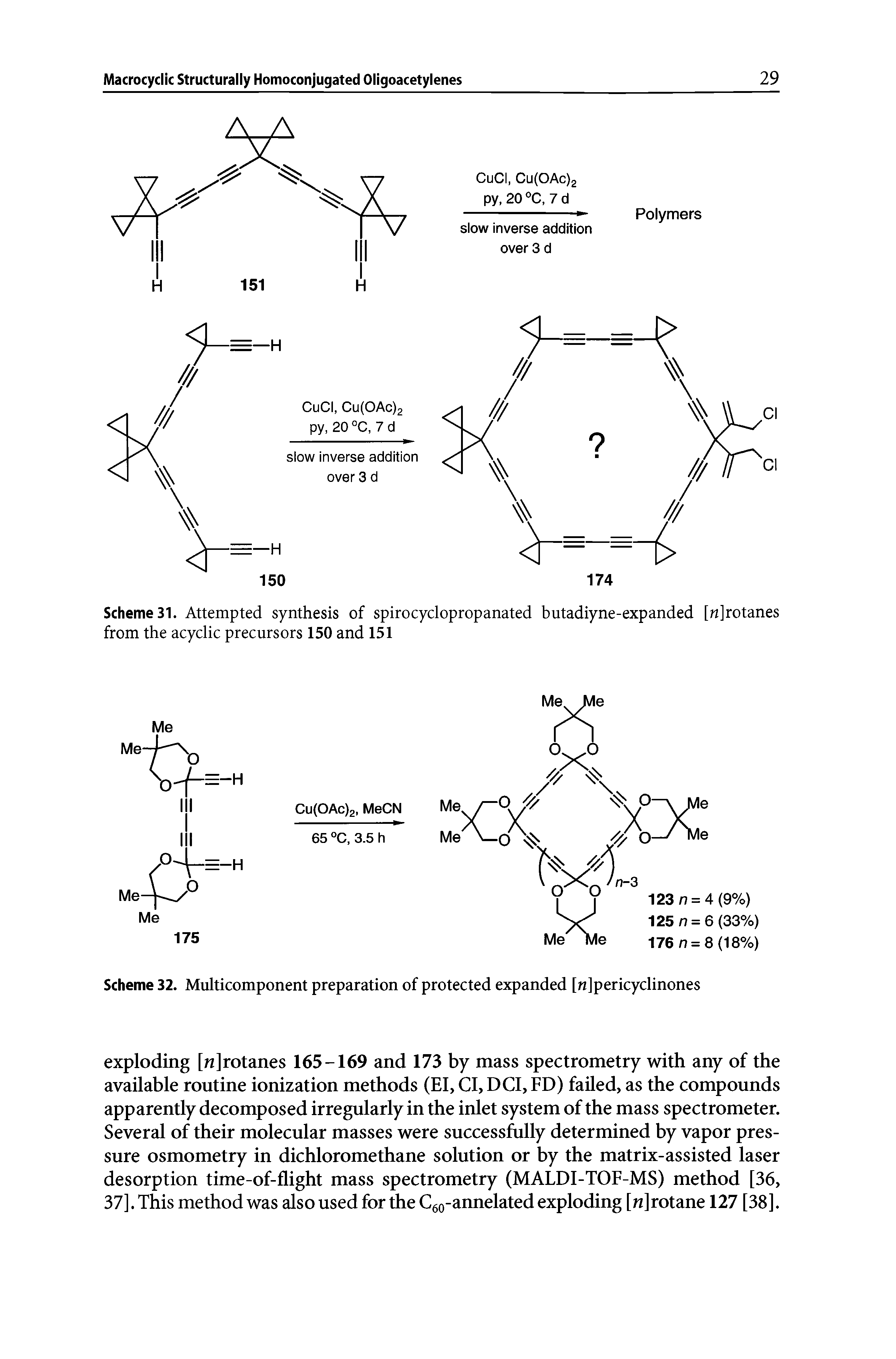 Scheme 31. Attempted synthesis of spirocyclopropanated butadiyne-expanded [n]rotanes from the acyclic precursors 150 and 151...