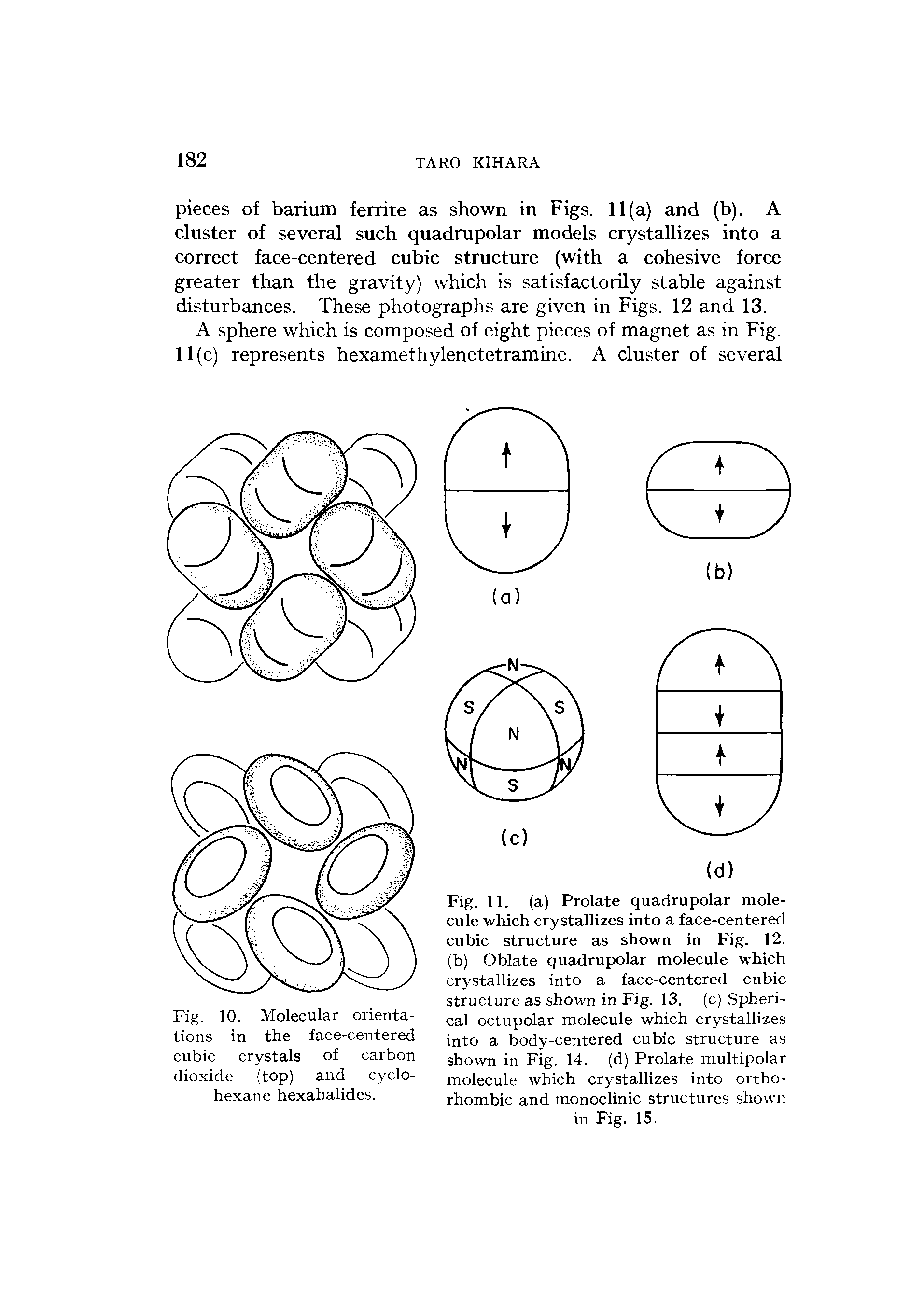 Fig. 10. Molecular orientations in the face-centered cubic crystals of carbon dioxide (top) and cyclohexane hexahalides.