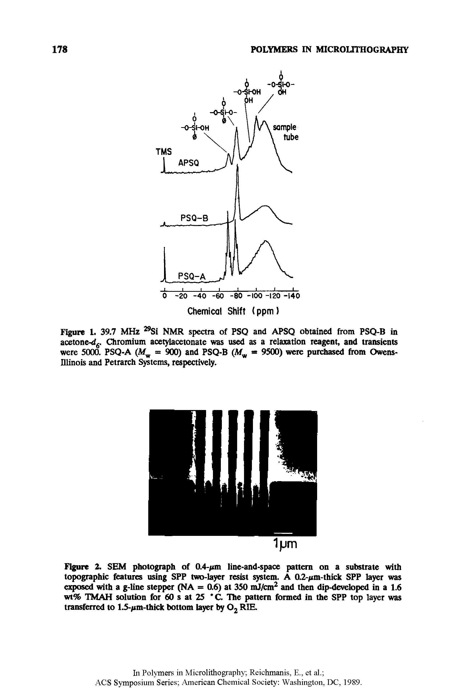 Figure 2. SEM photograph of 0.4-/<m line-and-space pattern on a substrate with topographic features using SPP two-layer resist system. A 0.2- m-thick SPP layer was exposed with a g-line stepper (NA = 0.6) at 350 mJ/cm2 and then dip-developed in a 1.6 wt% TMAH solution for 60 s at 25 C The pattern formed in the SPP top layer was transferred to 1.5-/<m-thick bottom layer by Oz RIE.