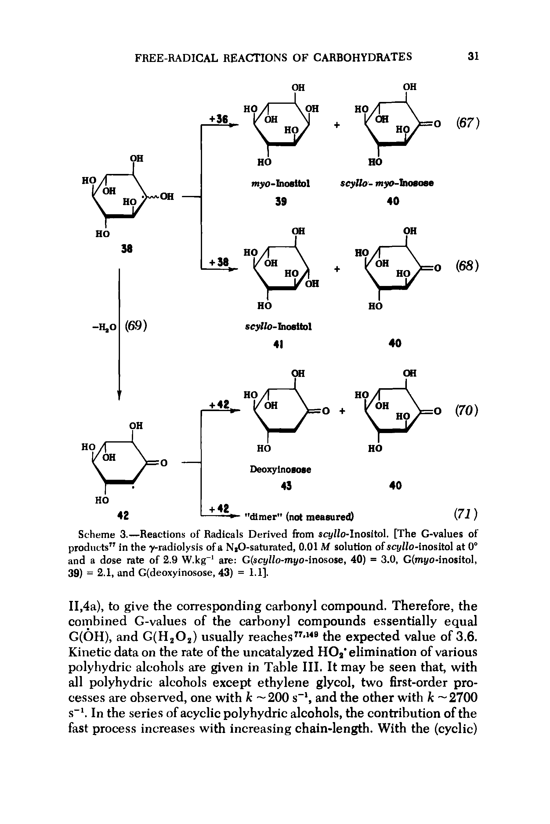 Scheme 3.—Reactions of Radicals Derived from scyllo-Inositol. [The G-values of products77 in the y-radiolysis of a NjO-saturated, 0.01 M solution of scyllo-inositol at 0° and a dose rate of 2.9 W.kg-1 are G(scy//o-myo-inosose, 40) = 3.0, G(myo-inositol, 39) = 2.1, and G(deoxyinosose, 43) = 1.1].