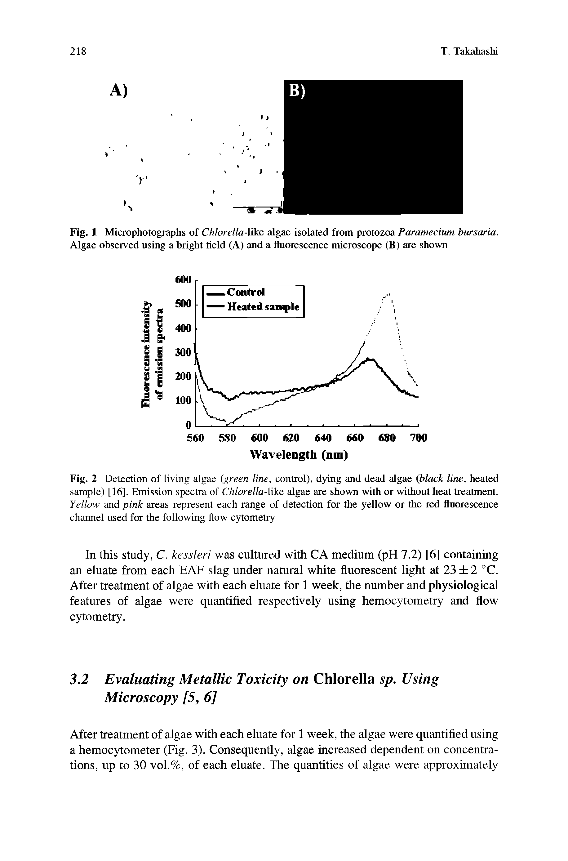 Fig. 2 Detection of living algae (green line, control), d3dng and dead algae black line, heated sample) [16]. Emission spectra of Chlorella-like. algae ate shown with or without heat treatment. Yellow and pink areas represent each range of detection for the yellow or the red fluorescence channel used for the following flow cytometry...