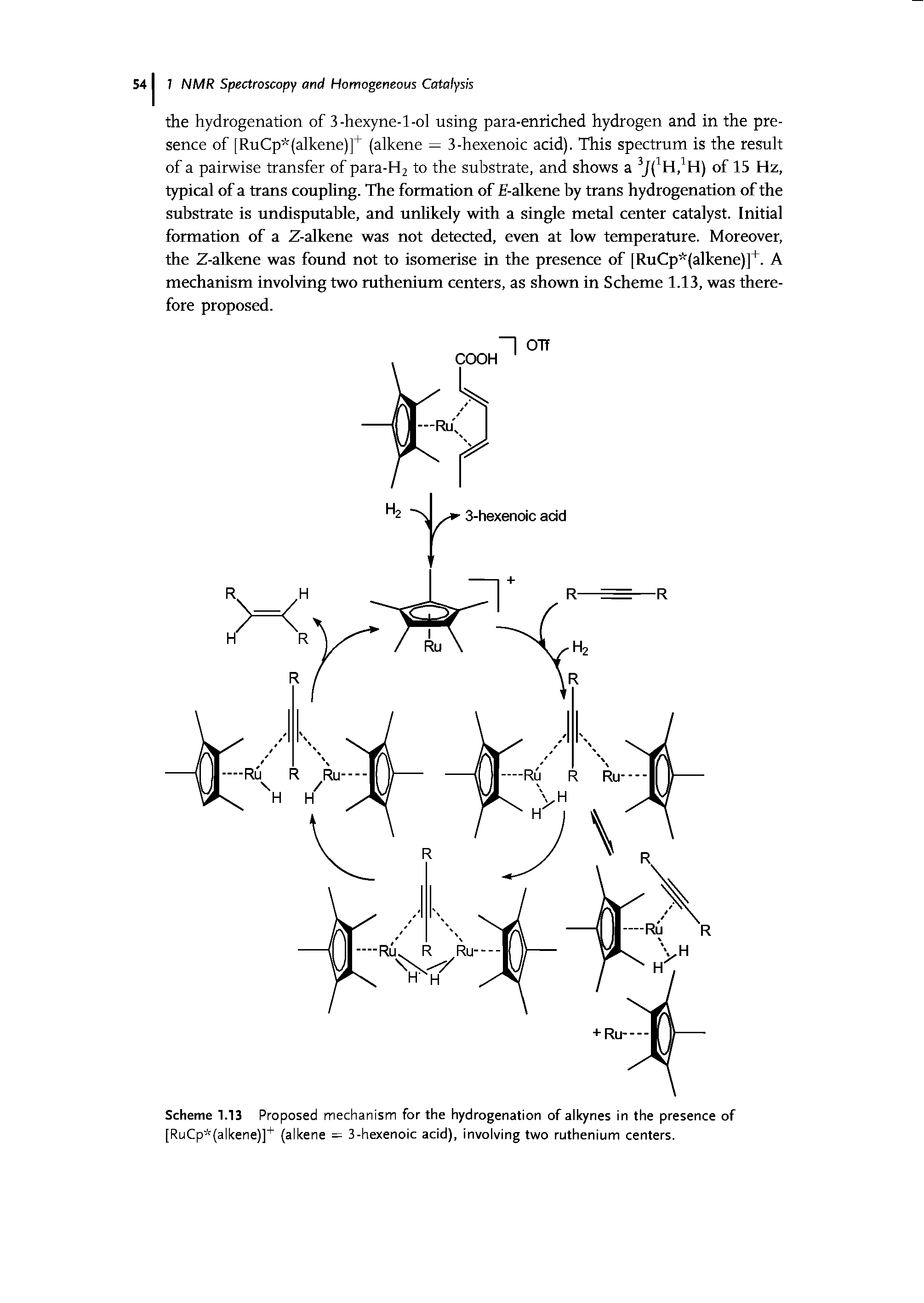 Scheme 1.13 Proposed mechanism for the hydrogenation of alkynes in the presence of [RuCp (alkene)] (alkene = 3-hexenoic acid), involving two ruthenium centers.