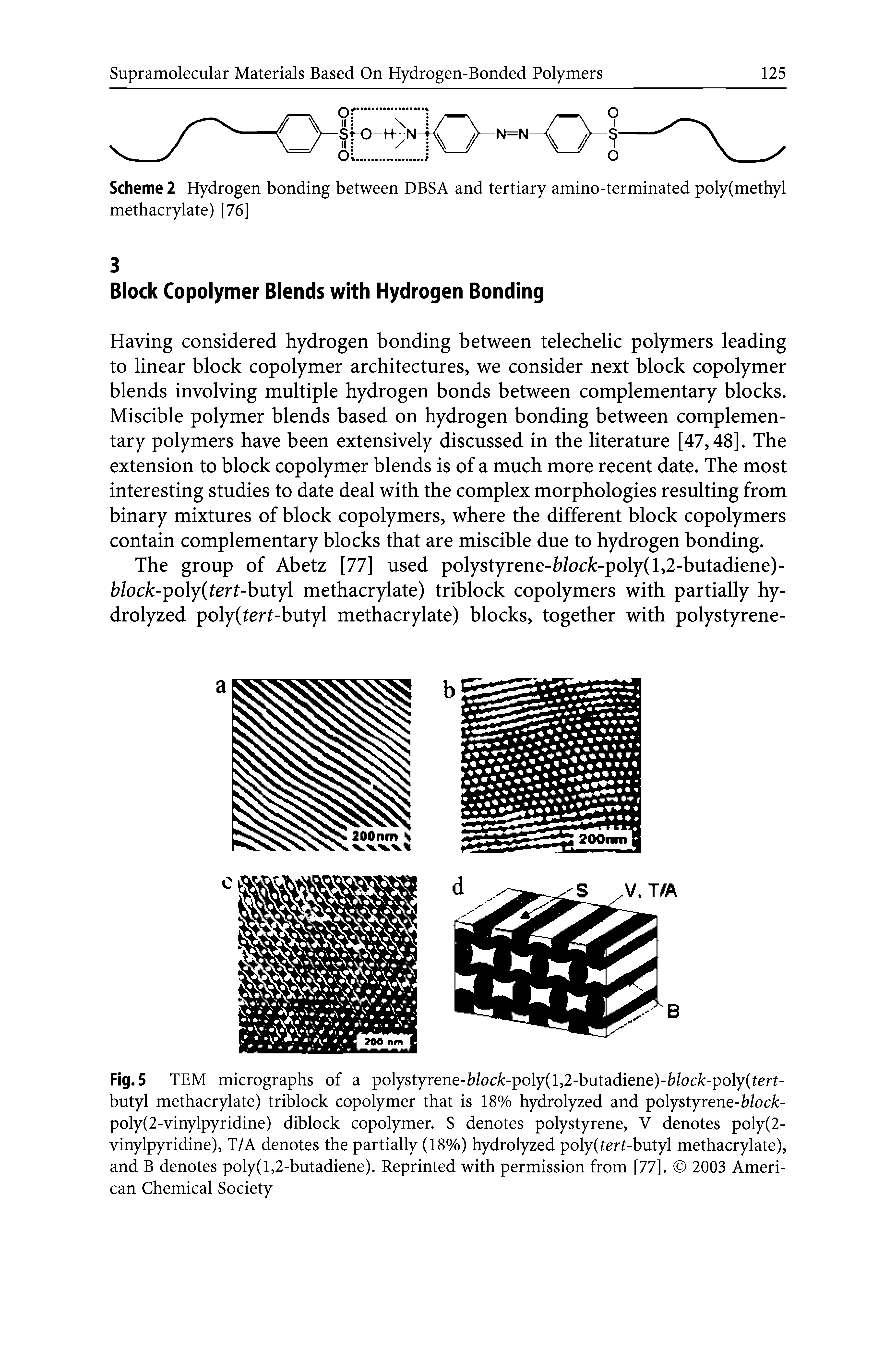 Fig.5 TEM micrographs of a polystyrene-Z7/oc/c-poly( 1,2-butadiene)-Z7/oc/c-poly(tert-butyl methacrylate) triblock copolymer that is 18% hydrolyzed and polystyrene-Z /oc/c-poly(2-vinylpyridine) diblock copolymer. S denotes polystyrene, V denotes poly(2-vinylpyridine), T/A denotes the partially (18%) hydrolyzed poly(tert-butyl methacrylate), and B denotes poly( 1,2-butadiene). Reprinted with permission from [77]. 2003 American Chemical Society...
