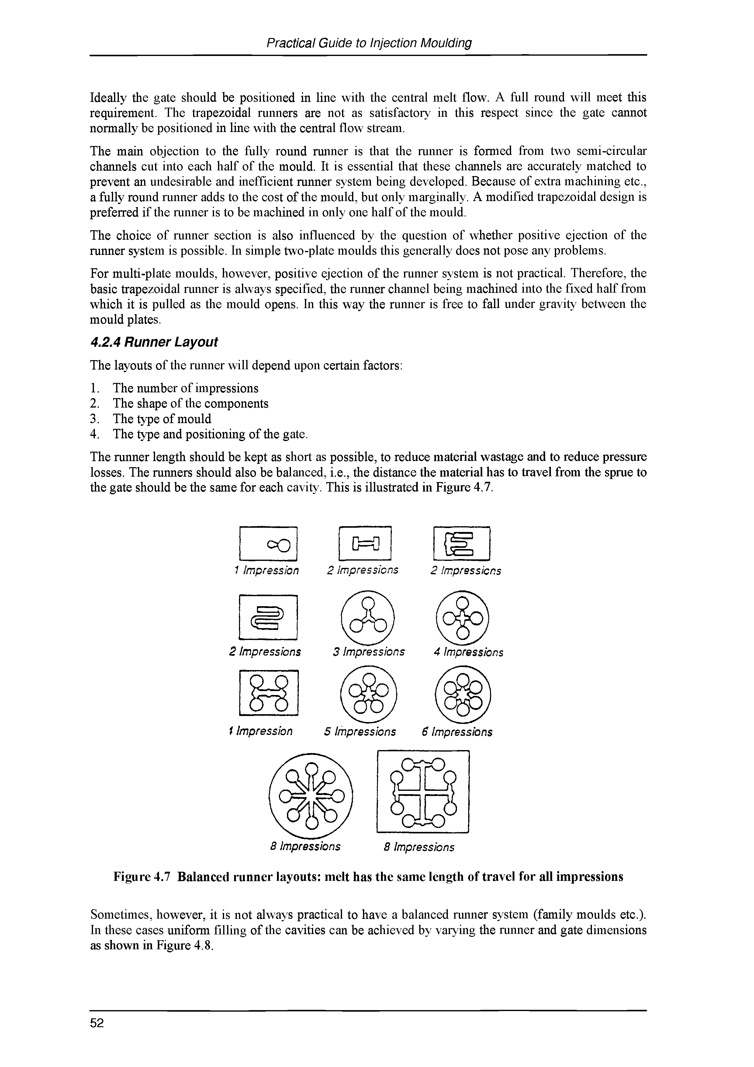Figure 4.7 Balanced runner layouts melt has the same length of travel for all impressions...