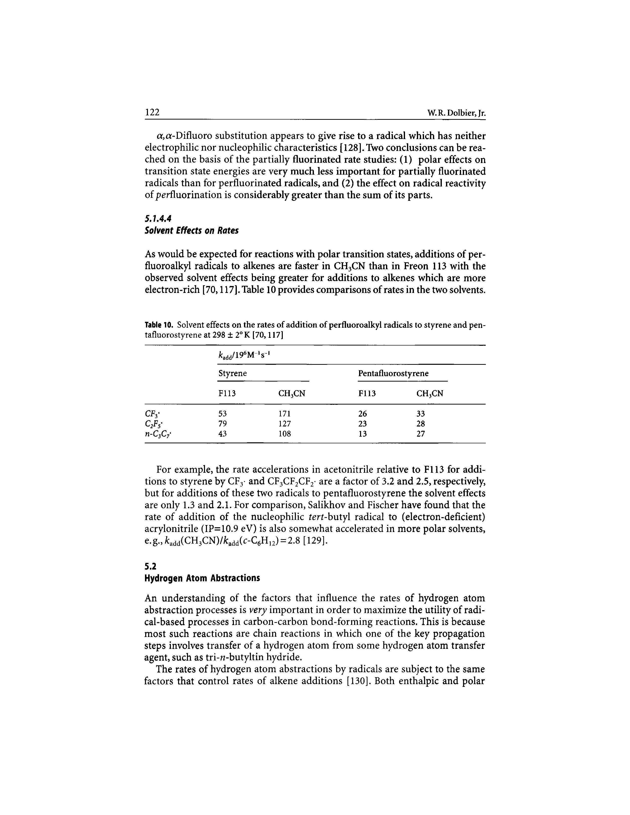 Table 10. Solvent effects on the rates of addition of perfluoroalkyl radicals to styrene and pen-tafluorostyrene at 298 2°K [70,117]...