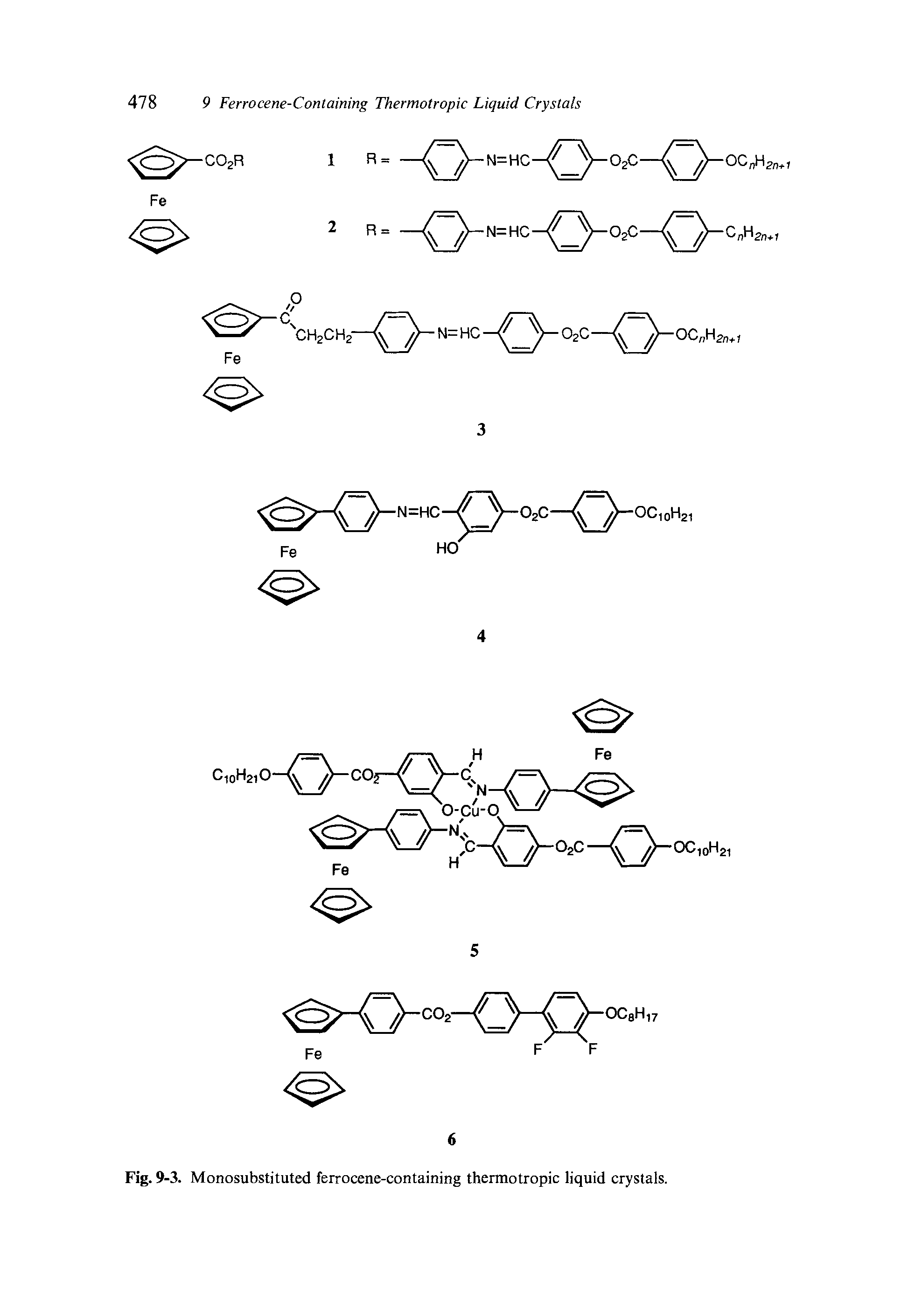 Fig. 9-3. Monosubstituted ferrocene-containing thermotropic liquid crystals.