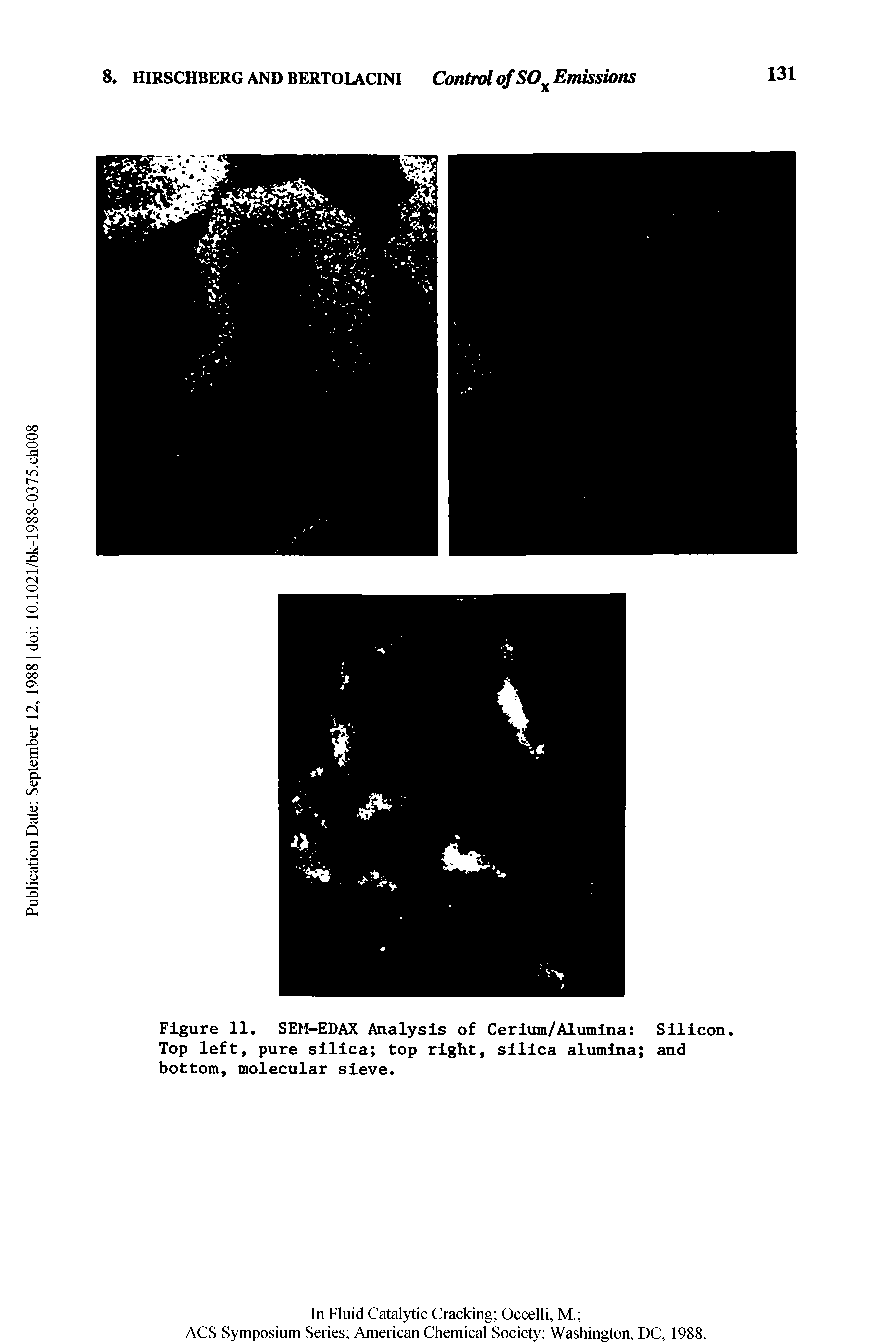 Figure 11. SEM-EDAX Analysis of Cerium/Alumina Silicon. Top left, pure silica top right, silica alumina and bottom, molecular sieve.