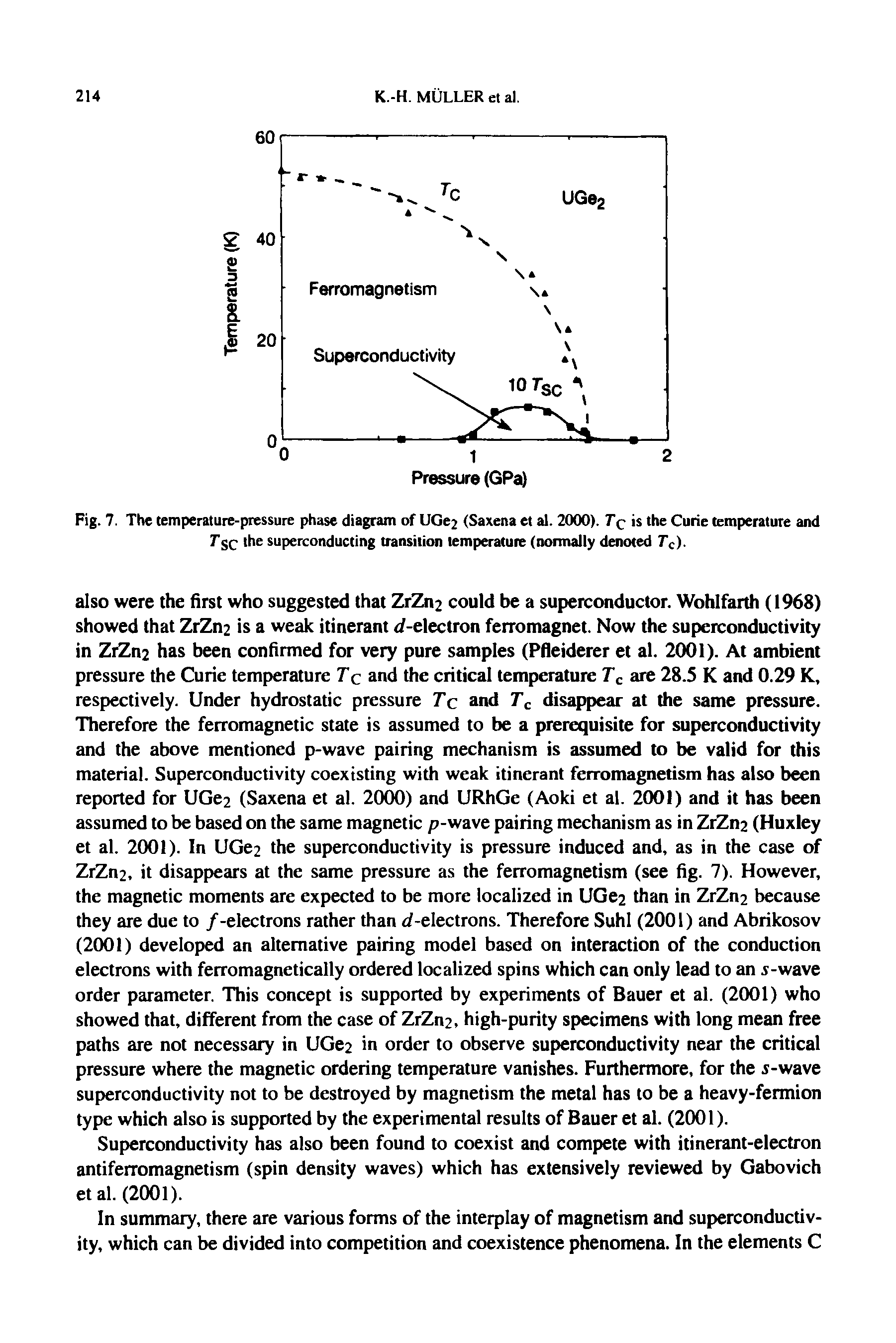 Fig. 7. The temperature-pressure phase diagram of UGe2 (Saxena et al. 2000). Tq is the Curie temperature and Tgc the superconducting transition temperature (normally denoted Tc).
