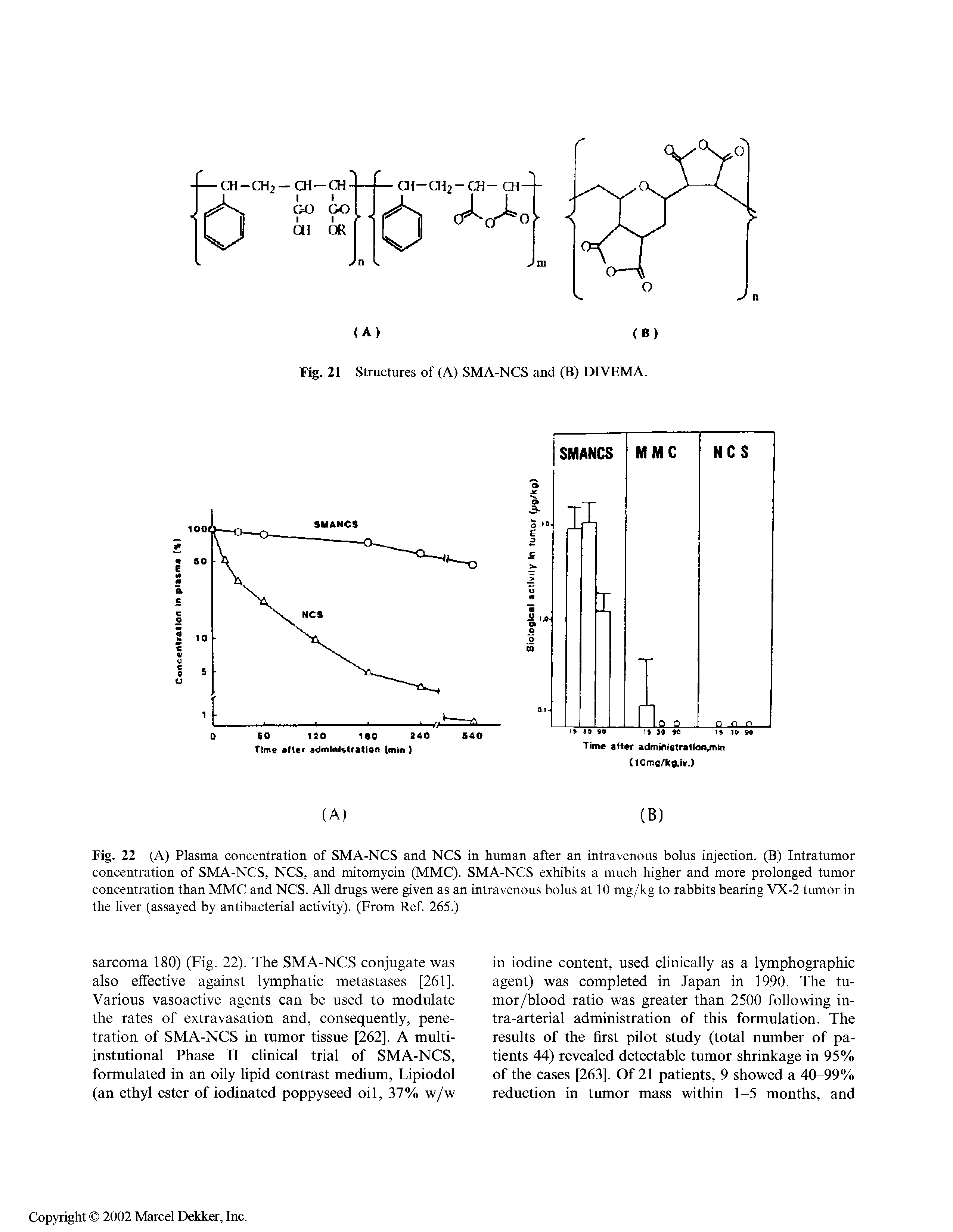 Fig. 22 (A) Plasma concentration of SMA-NCS and NCS in human after an intravenous bolus injection. (B) Intratumor concentration of SMA-NCS, NCS, and mitomycin (MMC). SMA-NCS exhibits a much higher and more prolonged tumor concentration than MMC and NCS. All drugs were given as an intravenous bolus at 10 mg/kg to rabbits bearing VX-2 tumor in...