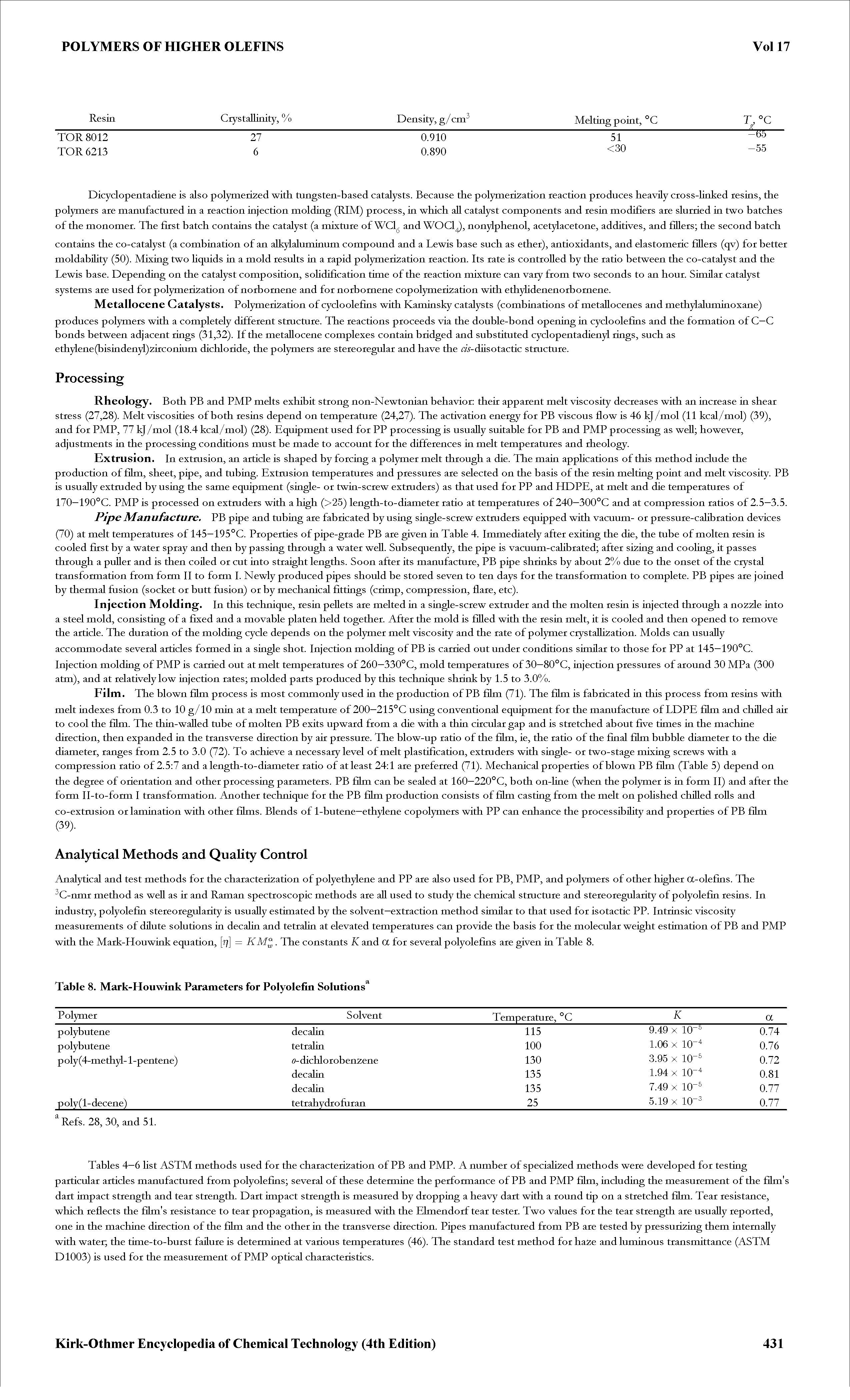 Tables 4—6 Ust ASTM methods used for the characterization of PB and PMP. A number of specialized methods were developed for testing particular articles manufactured from polyolefins several of these determine the performance of PB and PMP film, including the measurement of the film s dart impact strength and tear strength. Dart impact strength is measured by dropping a heavy dart with a round tip on a stretched film. Tear resistance, which reflects the film s resistance to tear propagation, is measured with the Ehnendorf tear tester. Two values for the tear strength are usually reported, one in the machine dkection of the film and the other in the transverse dkection. Pipes manufactured from PB are tested by pressurizing them internally with water the time-to-burst failure is determined at various temperatures (46). The standard test method for haze and luminous transmittance (ASTM D1003) is used for the measurement of PMP optical characteristics.