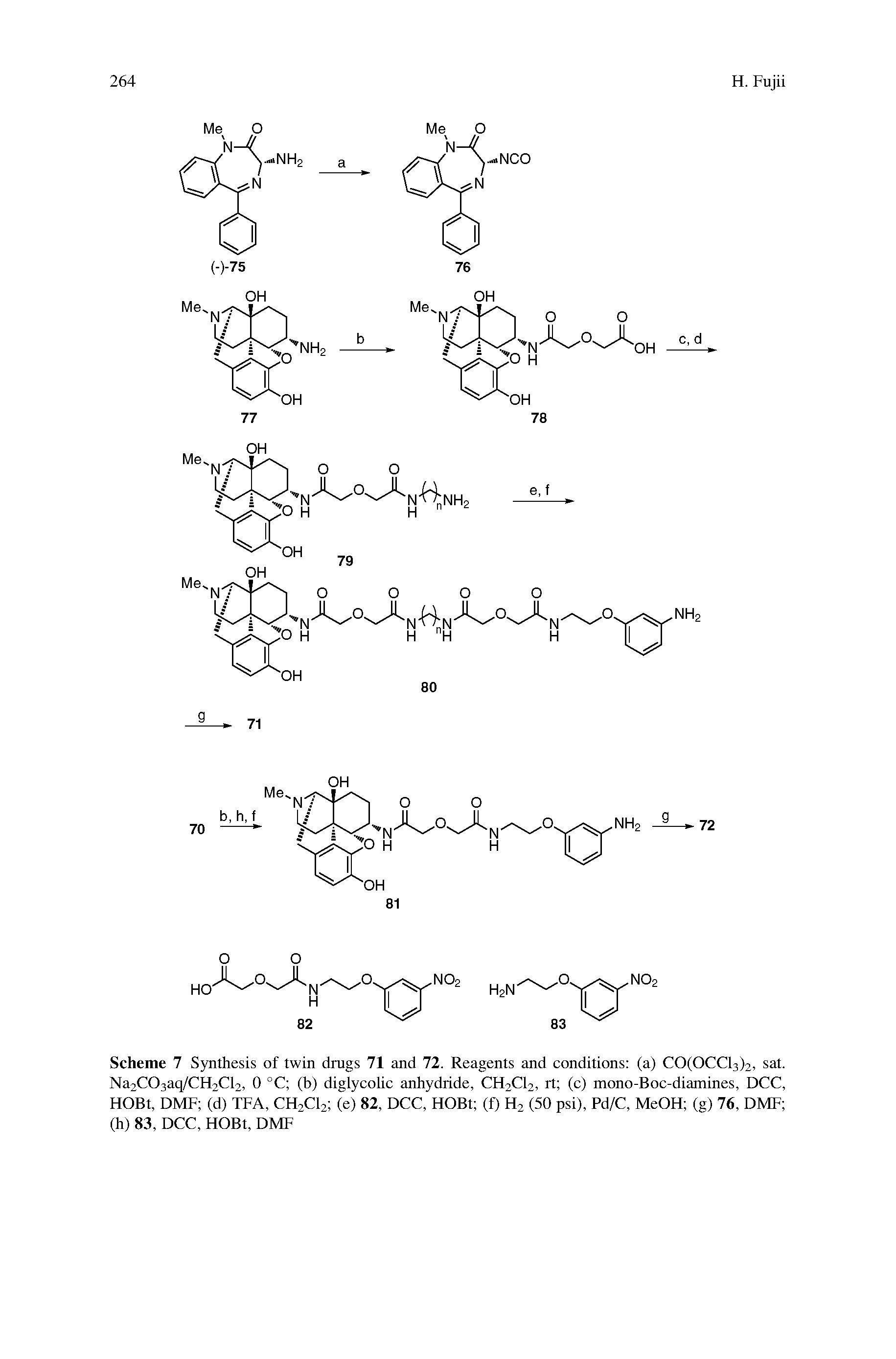 Scheme 7 Synthesis of twin drugs 71 and 72. Reagents and conditions (a) CO(OCCl3)2, sat. Na2C03aq/CH2Cl2, 0 °C (b) diglycolic anhydride, CH2C12, rt (c) mono-Boc-diamines, DCC, HOBt, DMF (d) TFA, CH2C12 (e) 82, DCC, HOBt (f) H2 (50 psi), Pd/C, MeOH (g) 76, DMF (h) 83, DCC, HOBt, DMF...