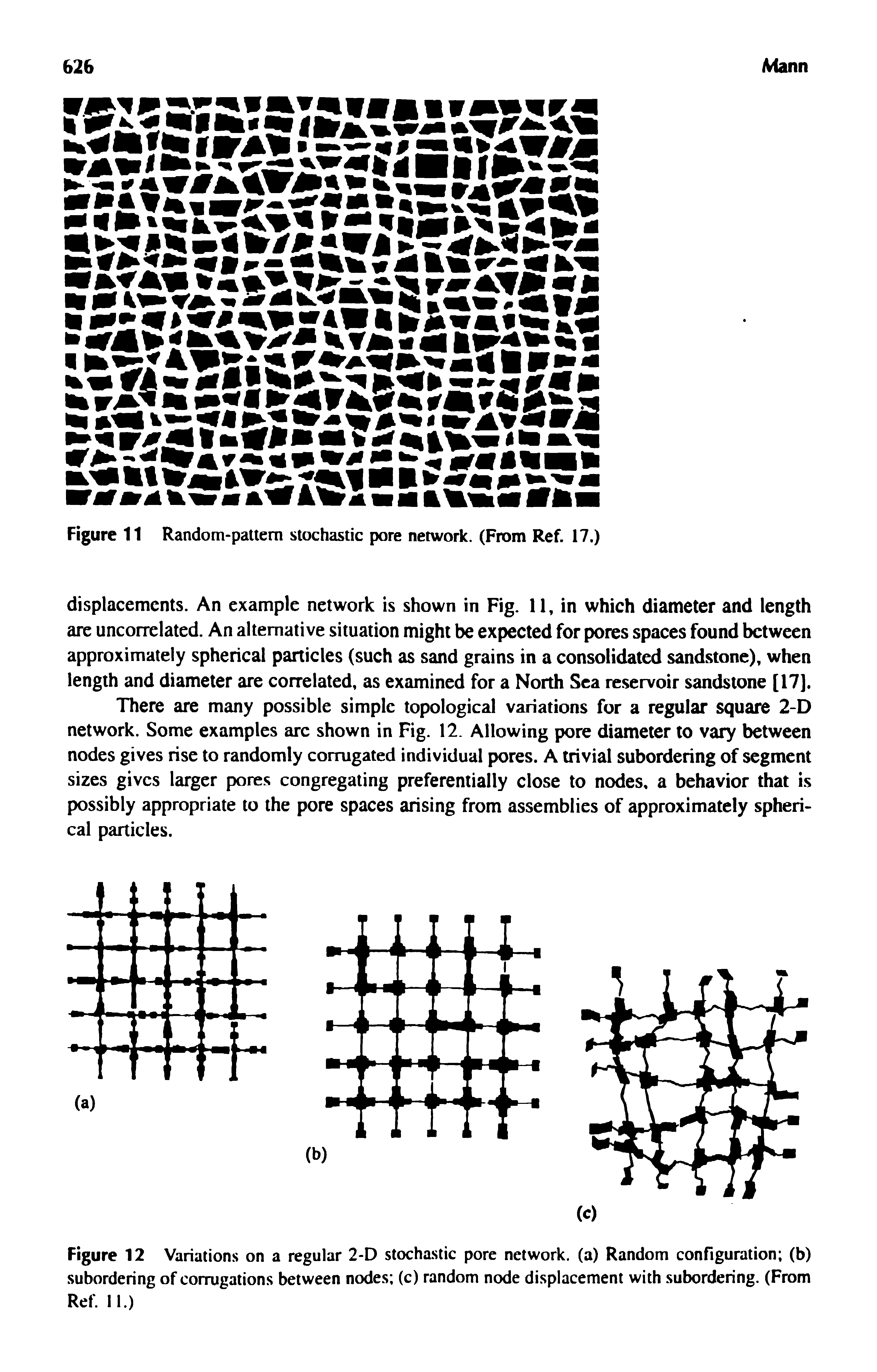 Figure 12 Variations on a regular 2-D stochastic pore network, (a) Random configuration (b) subordering of corrugations between nodes (c) random node displacement with subordering. (From Ref. 11.)...