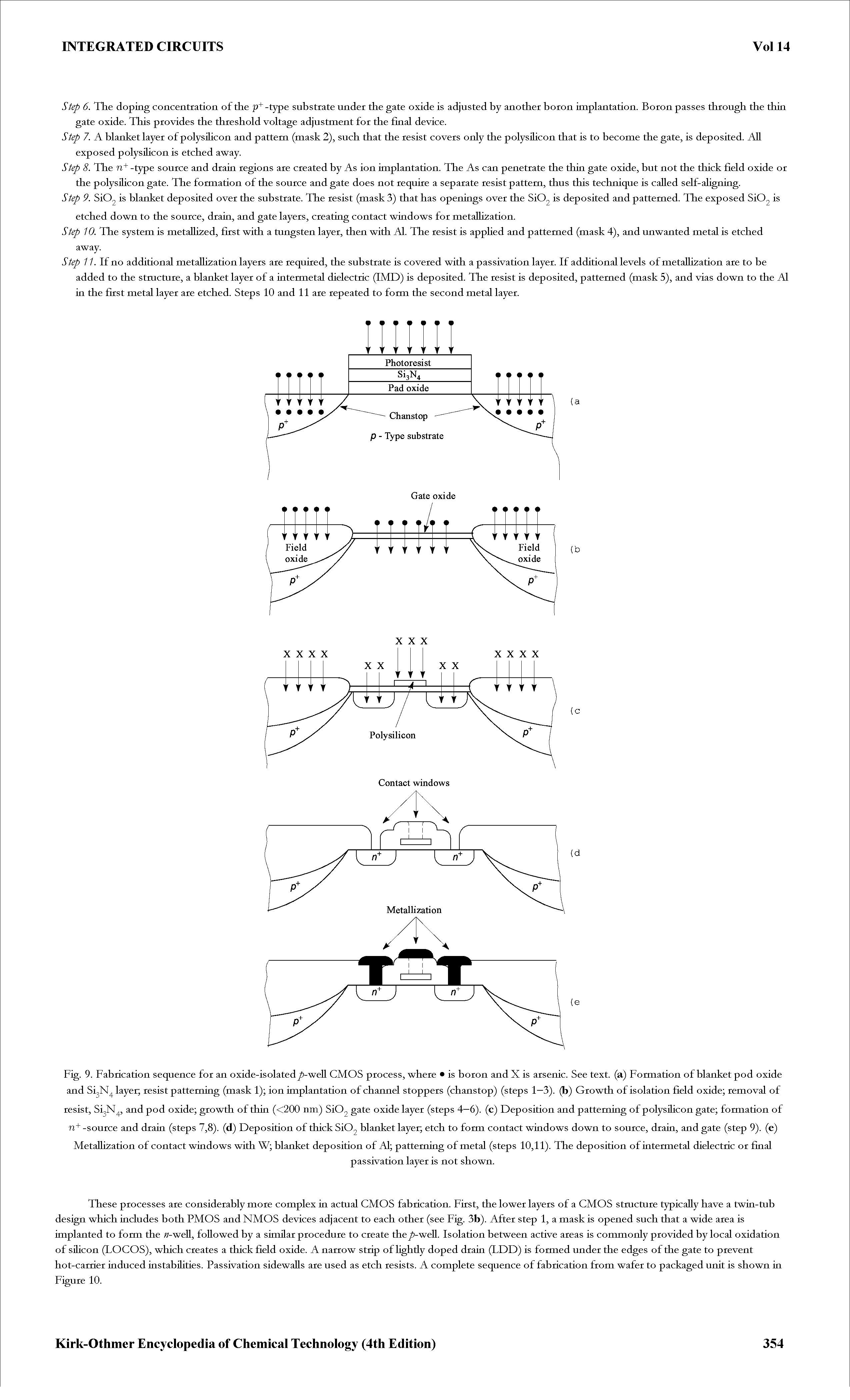 Fig. 9. Fabrication sequence for an oxide-isolated -weU CMOS process, where is boron and X is arsenic. See text, (a) Formation of blanket pod oxide and Si N layer resist patterning (mask 1) ion implantation of channel stoppers (chanstop) (steps 1—3). (b) Growth of isolation field oxide removal of resist, Si N, and pod oxide growth of thin (<200 nm) Si02 gate oxide layer (steps 4—6). (c) Deposition and patterning of polysihcon gate formation of -source and drain (steps 7,8). (d) Deposition of thick Si02 blanket layer etch to form contact windows down to source, drain, and gate (step 9). (e) Metallisation of contact windows with W blanket deposition of Al patterning of metal (steps 10,11). The deposition of intermetal dielectric or final...