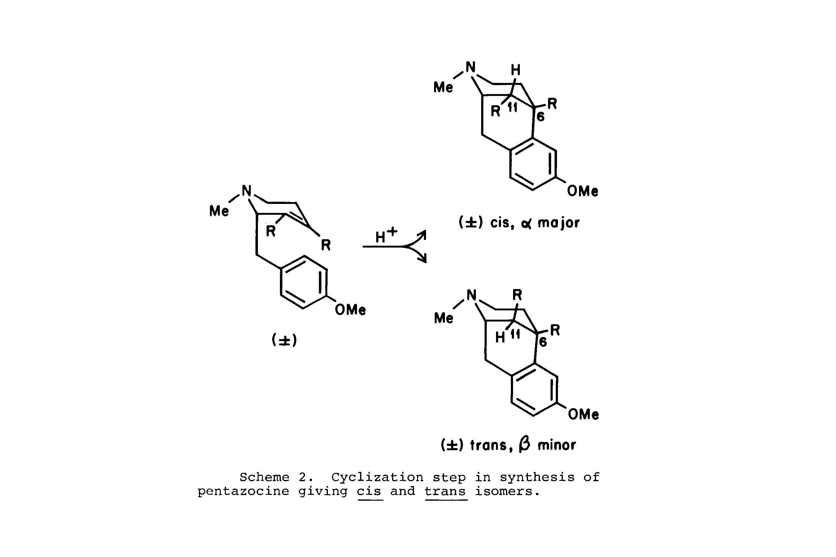 Scheme 2. Cyclization step in synthesis of pentazocine giving cis and trans isomers.