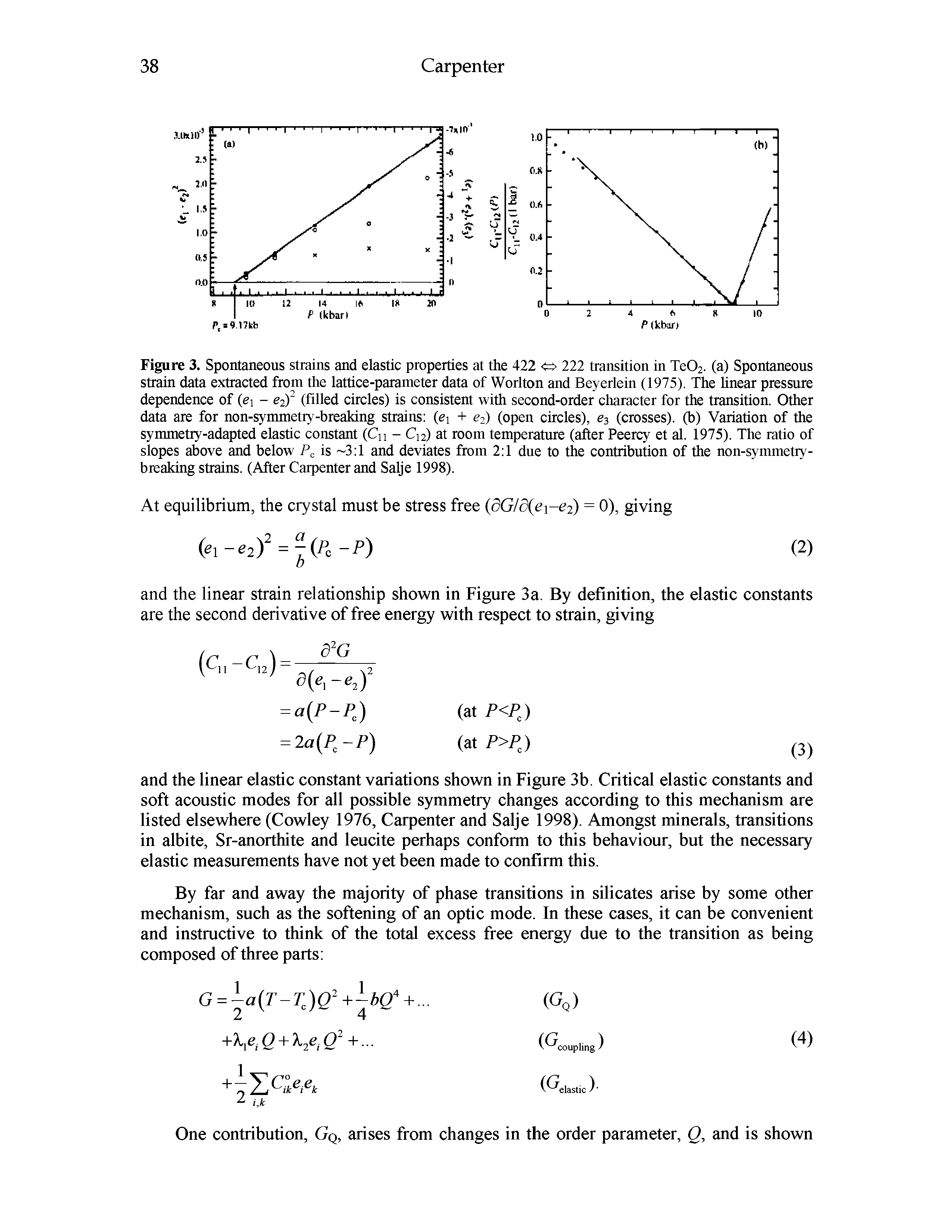 Figure 3. Spontaneous strains and elastic properties at the 422 < i> 222 transition in Te02. (a) Spontaneous strain data extracted from the lattice-parameter data of Worlton and Beyerlein (1975). The linear pressure dependence of (e - (filled circles) is consistent with second-order character for the transition. Other data are for non-symmetiy-breaking strains (e + 62) (open circles), 63 (crosses), (b) Variation of the symmetry-adapted elastic constant (Cn - Cu) at room temperature (after Peercy et al. 1975). The ratio of slopes above and below Po is 3 1 and deviates from 2 1 due to the contribution of the non-symmetry-breaking strains. (After Carpenter and Salje 1998).