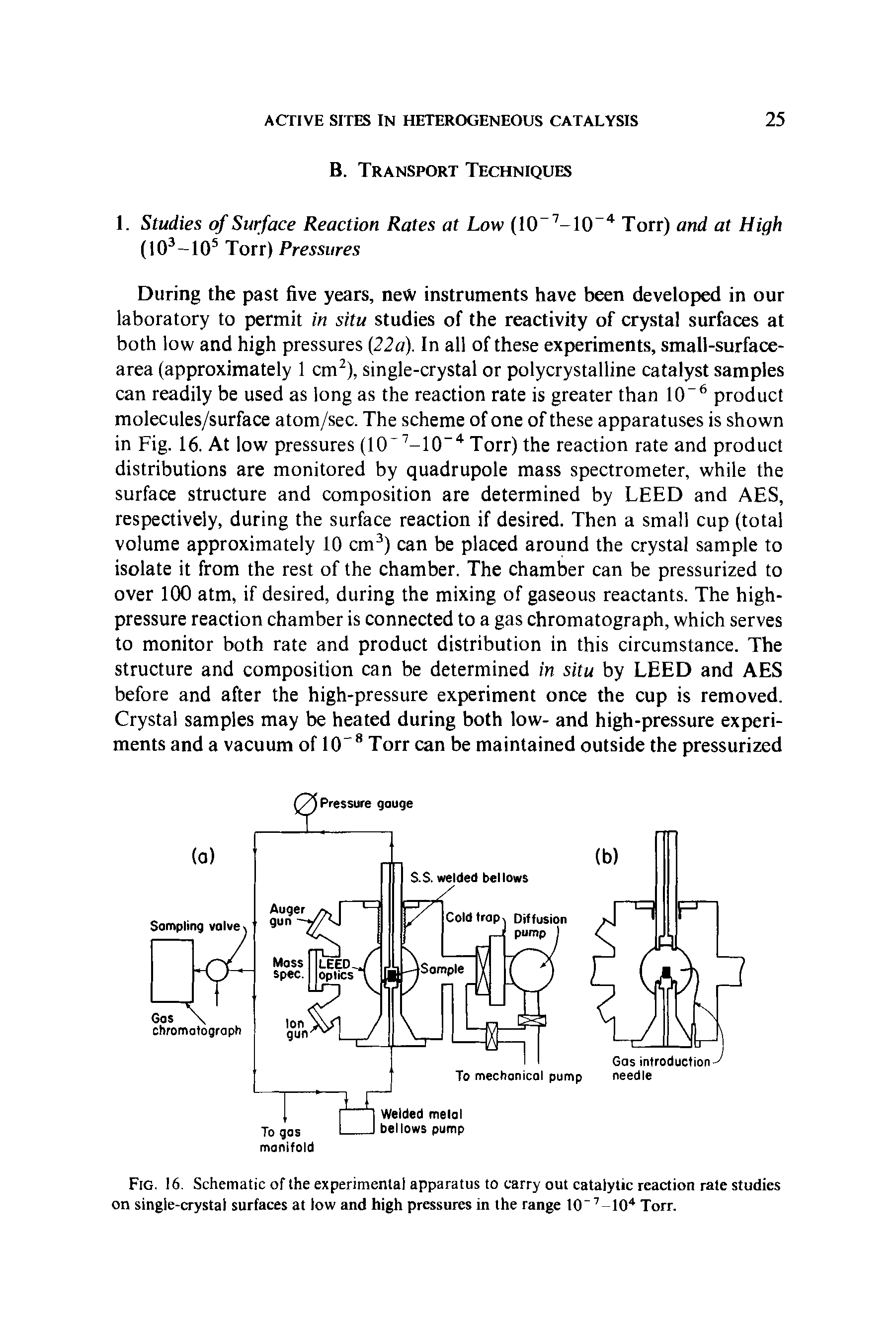 Fig. 16. Schematic of the experimental apparatus to carry out catalytic reaction rate studies on single-crystal surfaces at low and high pressures in the range 10 7-104 Torr.