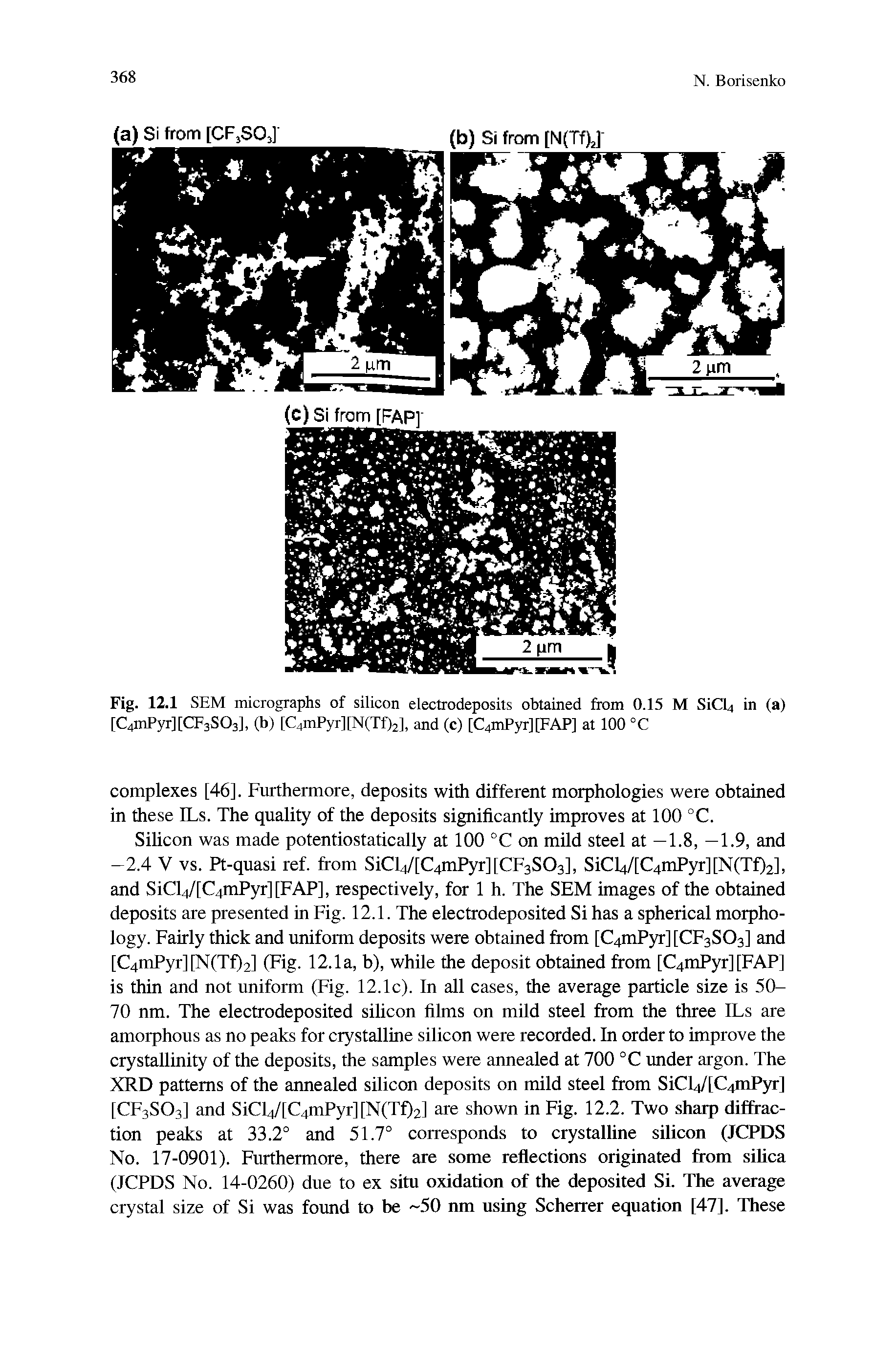 Fig. 12.1 SEM micrographs of silicon electrodeposits obtained from 0.15 M SiCLi in (a) [C4mPyr][Cp3S03], (b) [C4mPyr][N(Tf)2], and (c) [C4mPyr][FAP] at 100 °C...