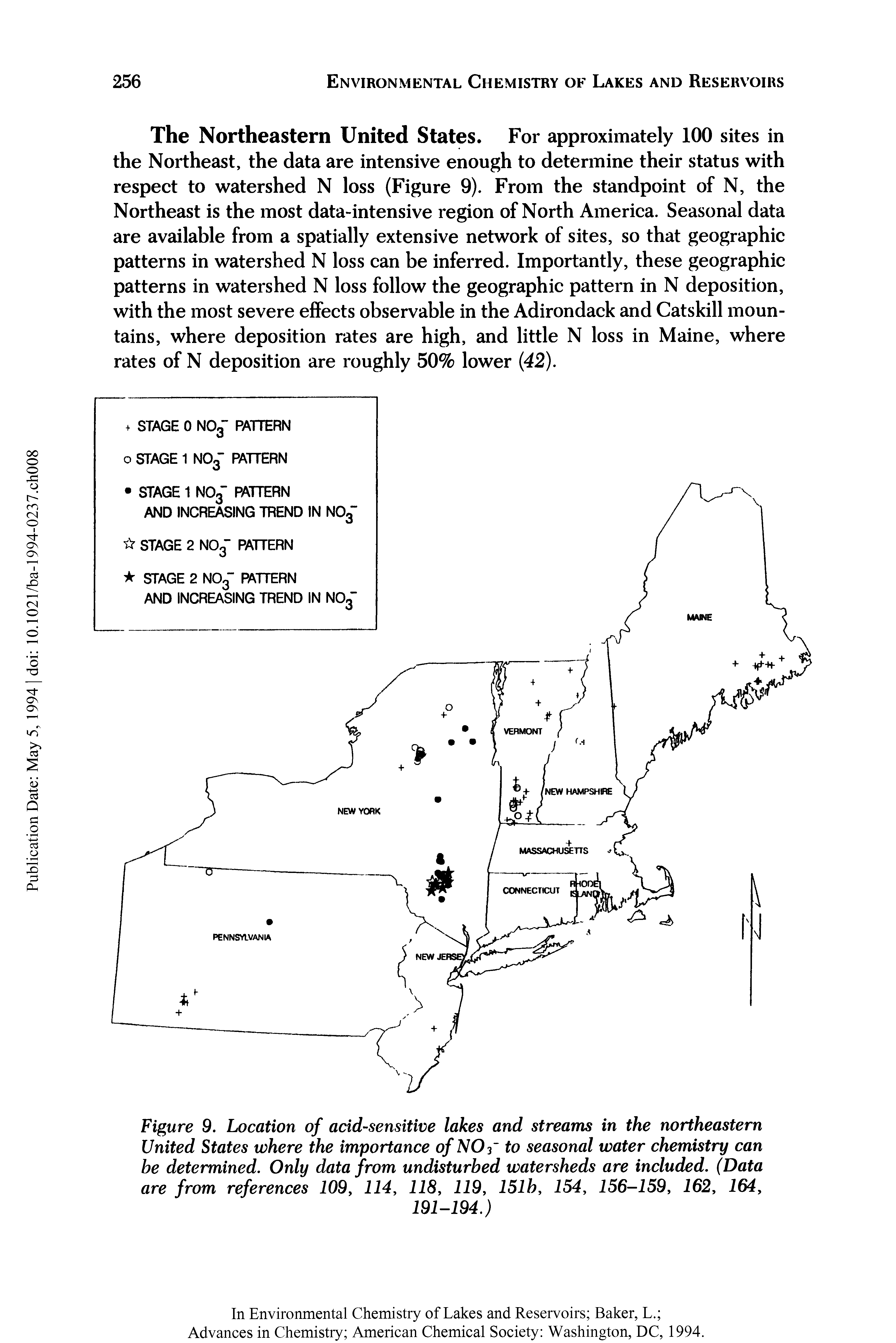 Figure 9. Location of acid-sensitive lakes and streams in the northeastern United States where the importance of NO 3 to seasonal water chemistry can be determined. Only data from undisturbed watersheds are included. (Data are from references 109, 114, 118, 119, 151b, 154, 156-159, 162, 164,...