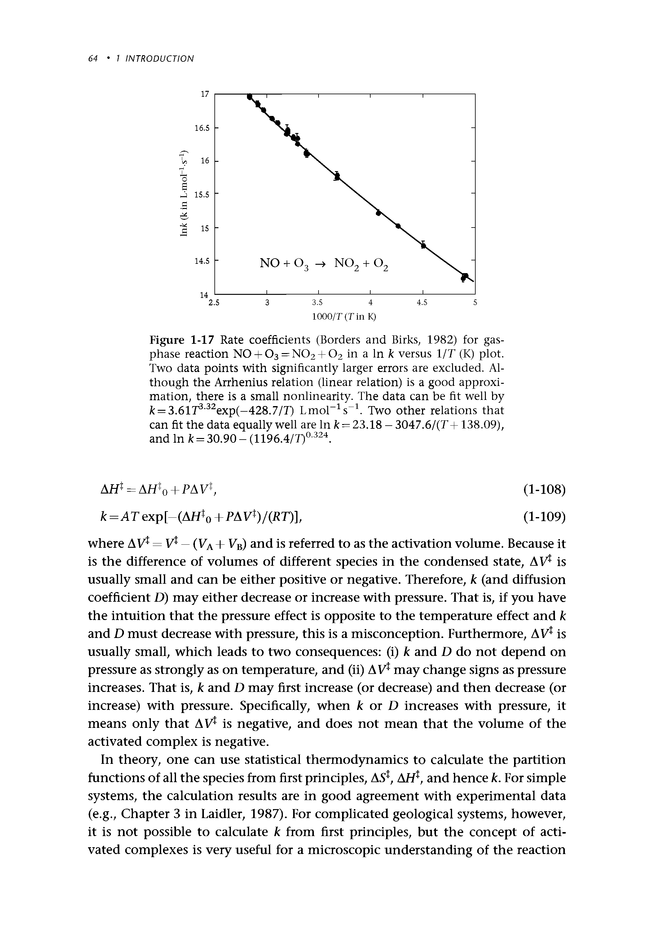 Figure 1-17 Rate coefficients (Borders and Birks, 1982) for gas-phase reaction N0 + 03=N02 + 02 in a In versus l/T (K) plot. Two data points with significantly larger errors are excluded. Although the Arrhenius relation (linear relation) is a good approximation, there is a small nonlinearity. The data can be fit well by k = 3.617 exp(-428.7/T) LmoP s Two other relations that can fit the data equally well are In k = 23.18 - 3047.6/(T +138.09), and In k = 30.90 - (1196.4/ T)° 24...